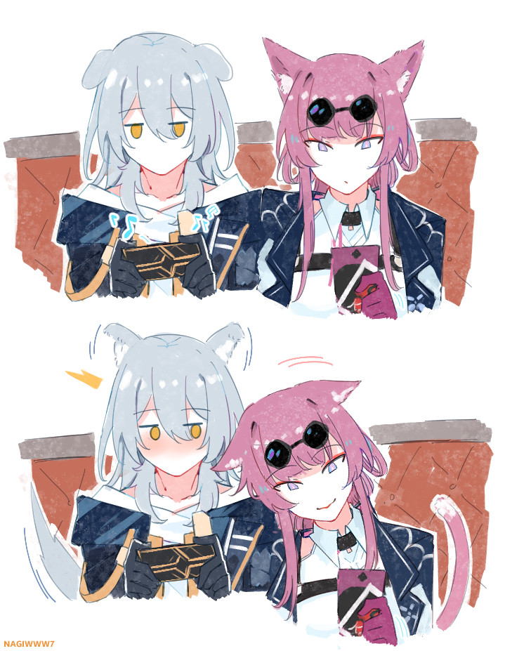 Honkai Starrail's Stelle and Kafka with dog ears and cat ears respectively. In the first picture, both Stelle and Kafka are playing with their phone. Then in the next picture, Kafka snuggles to Stelle while still playing with her phone and Stelle looks surprised and embarrassed. 