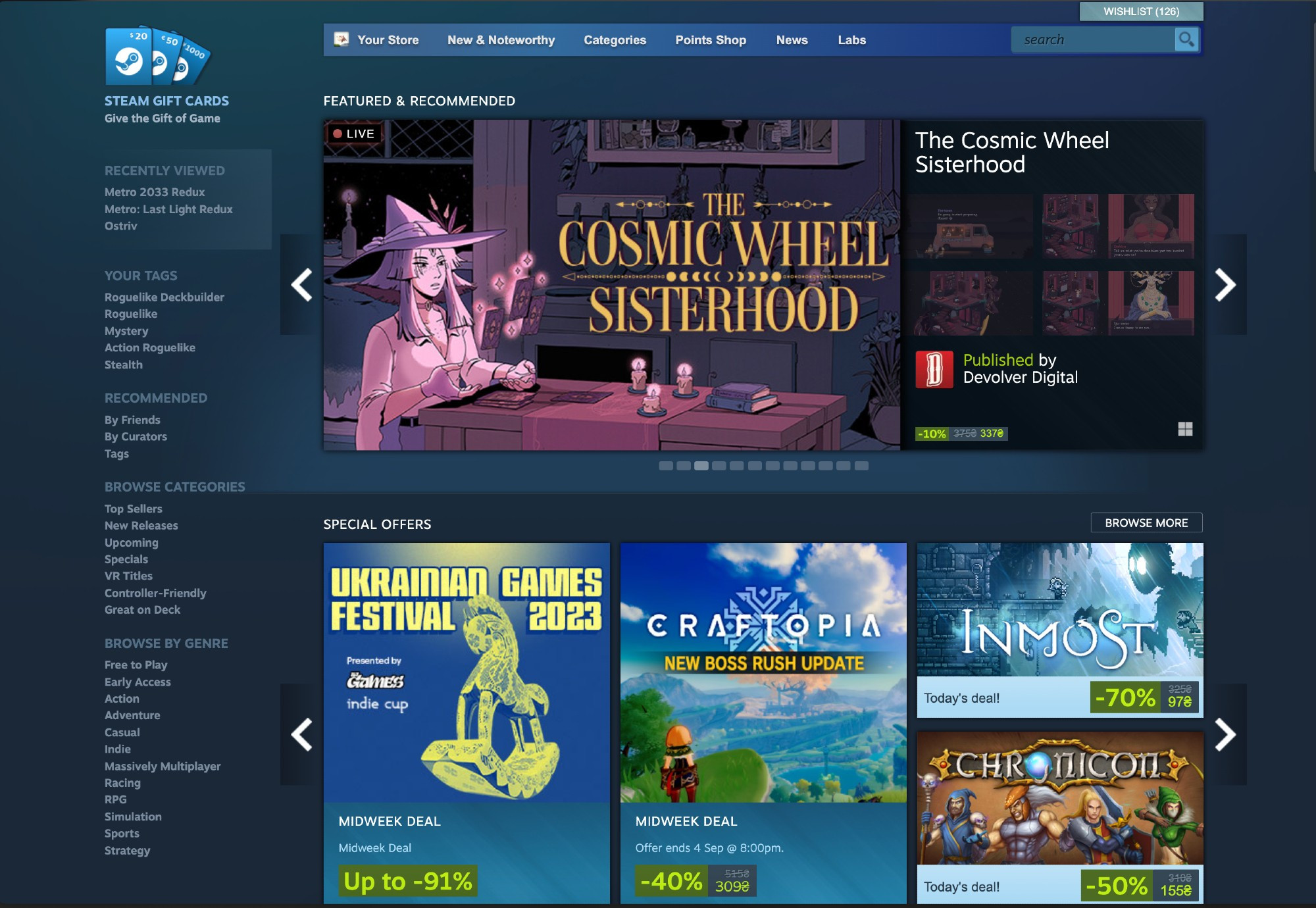 Screenshot of Steam’s homepage showing Ukrainian Games Festival being promoted as one of Special Offers.