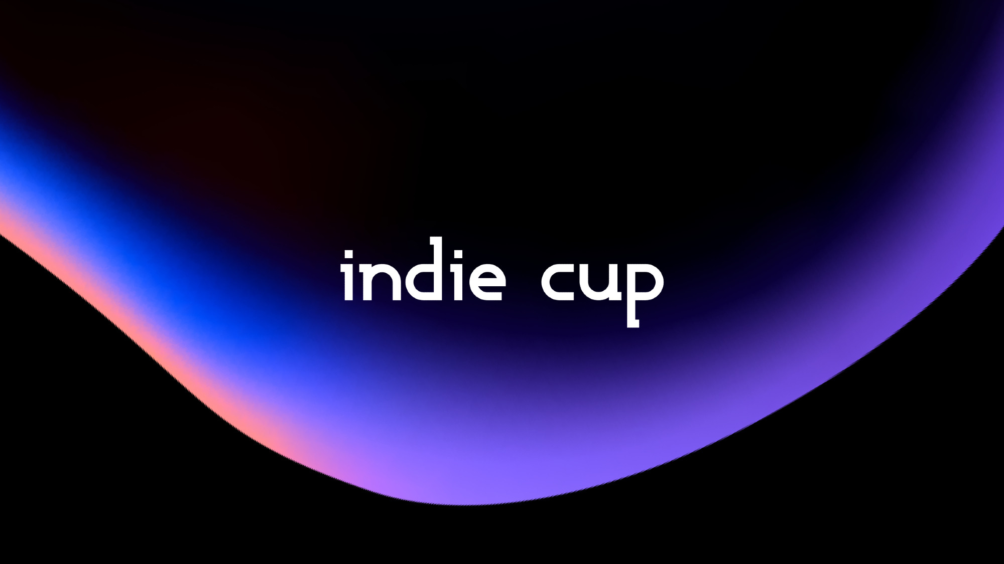 Indie Cup logo on black background with a wave-like blue and pink shape running from left to right.