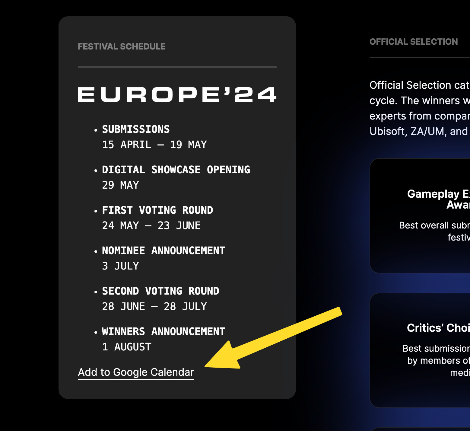 Screenshot of the Festival Schedule section of the Indie Cup website with a yellow arrow pointing to the Add to Google Calendar button.