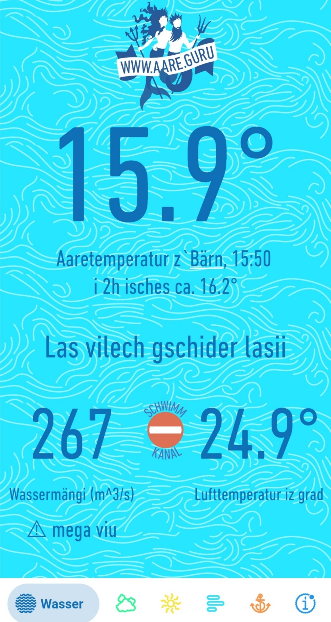 Aare guru app screenshot. Aaretemperatur in bern 15:50 uhr 15.9 grad, empfehlung: las vilech gschider lasii