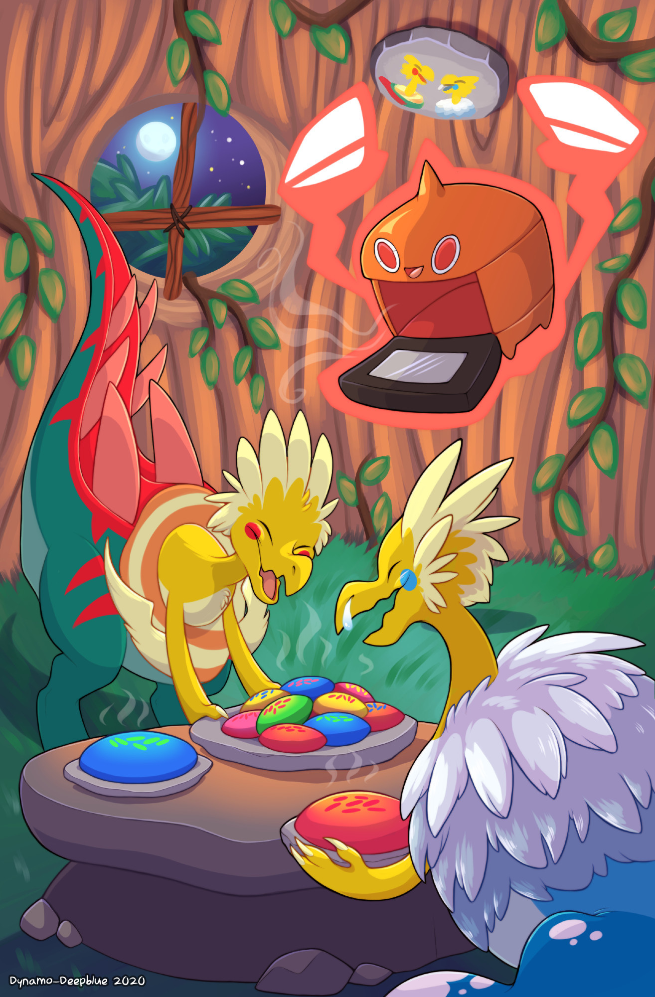 "Bolt Beak Buddies - Warm Version" - An illustration featuring the Pokemon Arctozolt, Dracozolt and Rotom. They are inside a treehouse with climbing ivy and a grass floor, and there is a small window showing trees and the night sky with a moon outside. In the background on the wall of the tree is a painted portrait on stone of Arctozolt and Dracozolt, showing that they're good friends. Arctozolt closest to the viewer, is sitting at a stone table holding a freshly baked Poffin (bread treat for Pokemon), while Dracozolt is setting down a fresh plate of Poffins on the table, and both look happy to be there. Rotom, in Heat Form, is floating above them with its oven door open, showing that Dracozolt just took the freshly baked Poffins out of it.