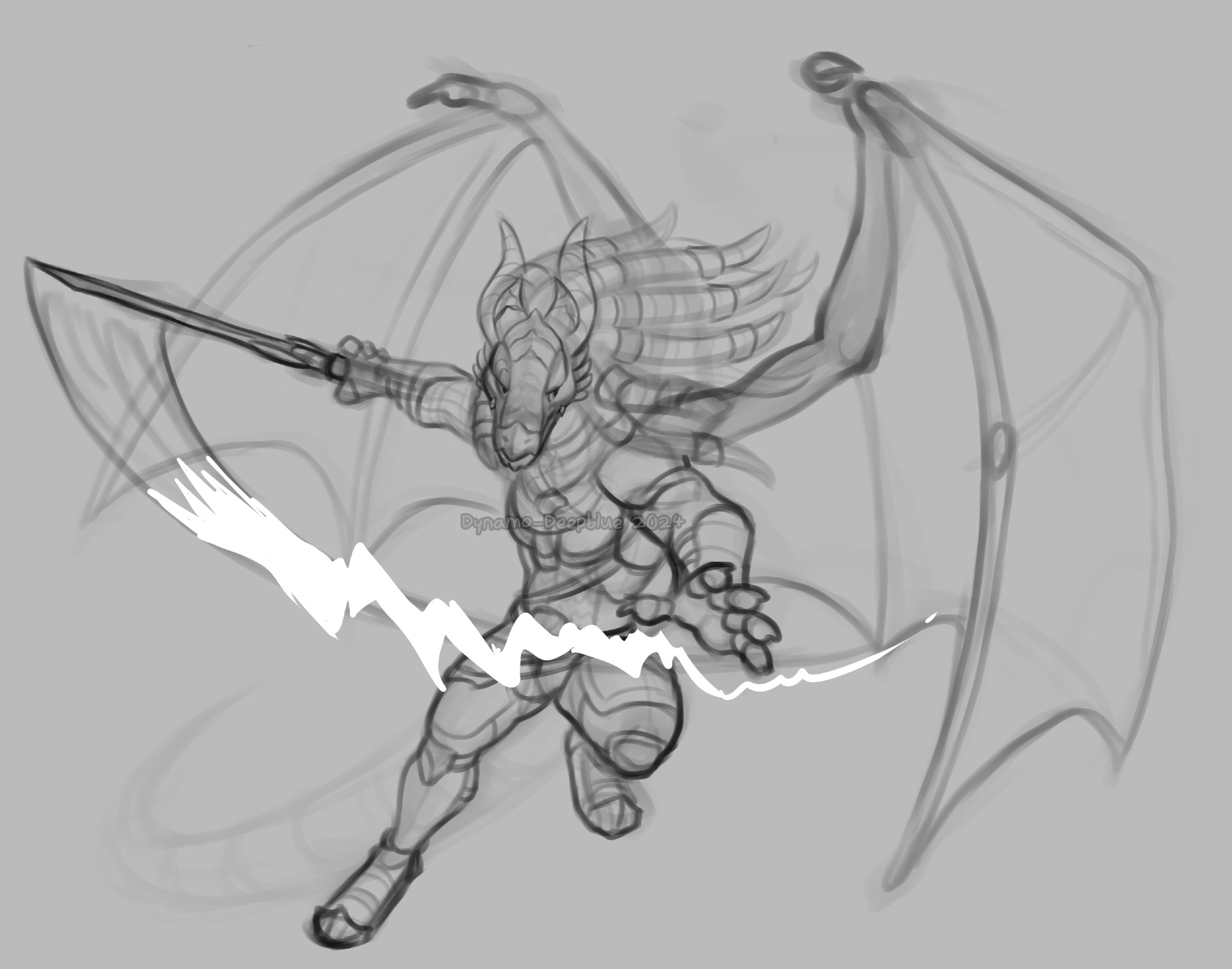 A rough, unrefined sketch of an anthro male dragon wearing a suit of armor. He is leaping forward the foreground with his wings spread, looking to his left with a serious expression. He is also swinging a sword that has a trail of electricity coming off it.