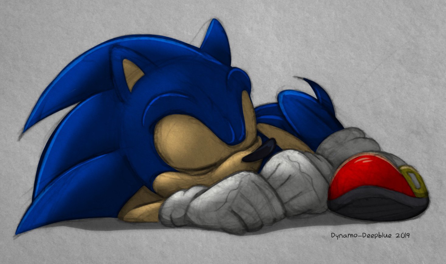 A pencil sketch overlaid with digital color, depicting Sonic the Hedgehog sleeping in a curled up pose on his stomach.