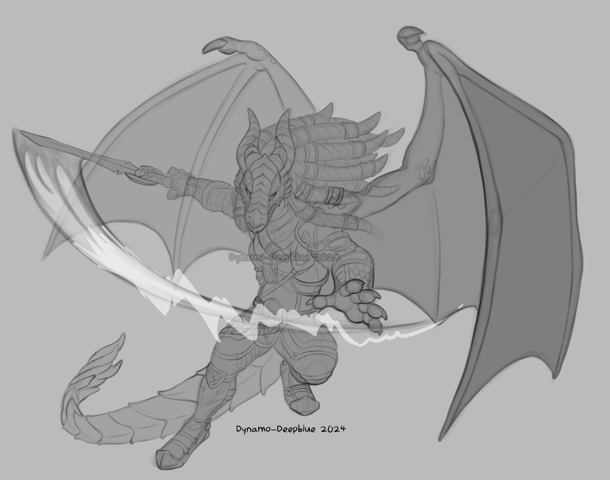 A refined sketch of an anthro male dragon wearing a detailed suit of armor. He is leaping forward the foreground with his wings spread, looking to his left with a serious expression. He is also swinging a sword that has a trail of electricity coming off it.