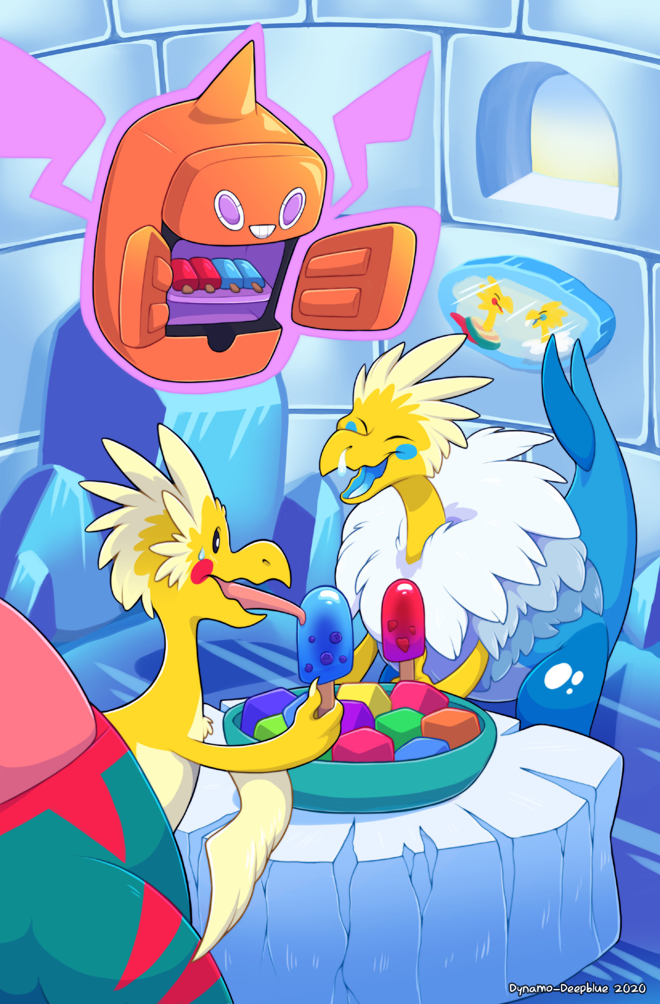 "Bolt Beak Buddies - Cold Verison" - An illustration of the Pokemon Dracozolt, Arctozolt and Rotom. They are inside an igloo with large ice crystals along the wall, an icy floor and a small window where a pale daytime sky can be seen. On the wall is a painted portrait of Arctozolt and Dracozolt, showing that they're friends. Dracozolt, closest to the camera, is sitting at a table made of ice with Arctozolt. There is a bowl of Pokeblocks (cube-shaped treat for Pokemon) on the table. Dracozolt has tried to lick its popsicle, only to find its tongue stuck to it, and has a surprised expression. Arctozolt, on the other side of the table, is holding a red popsicle, and has an amused expression at its friend, since it is unbothered by the cold as an Ice-type Pokemon. A Rotom, in Frost Form, is floating above them with its fridge doors open, and more popsicles visible inside.