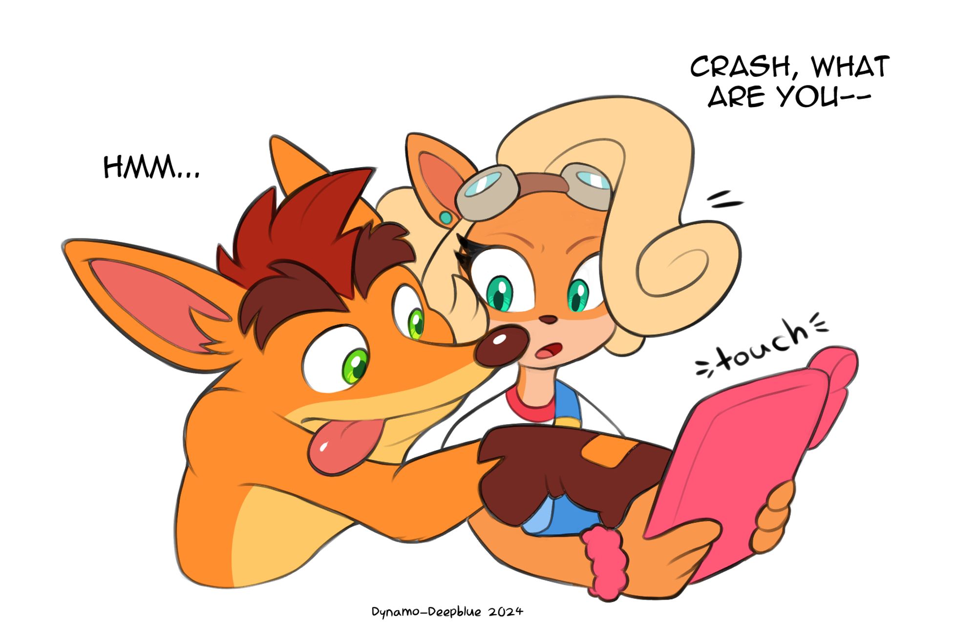 2nd panel of a comic/sequence depicting Crash Bandicoot and Coco Bandicoot. Crash decides to help out by reaching over to touch something on Coco's tablet screen, which she reacts adversely to.

Character speech text:
Crash: Hmm...
Coco: Crash, what are you--