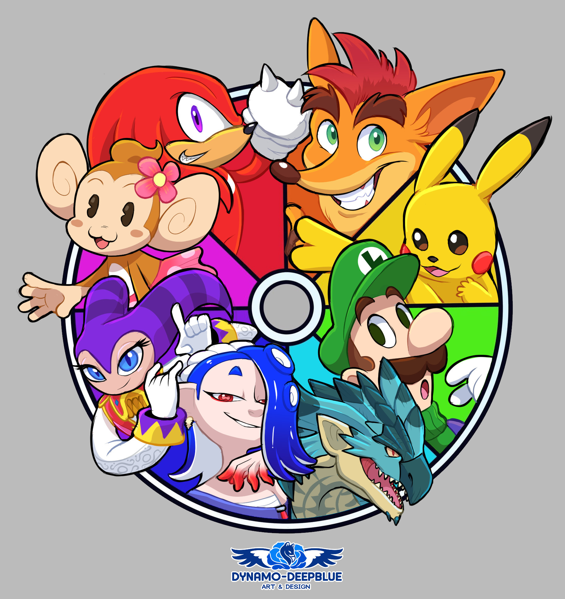 A color wheel with illustrations of different characters on each slice. Red is Knuckles (Sonic the Hedgehog), orange is Crash Bandicoot, yellow is Pikachu (Pokemon), green is Luigi (Super Mario Bros.), light blue is Azure Rathalos (Monster Hunter), blue is Shiver (Splatoon), purple is NiGHTS (NiGHTS into Dreams...) and pink is MeeMee (Super Monkey Ball).