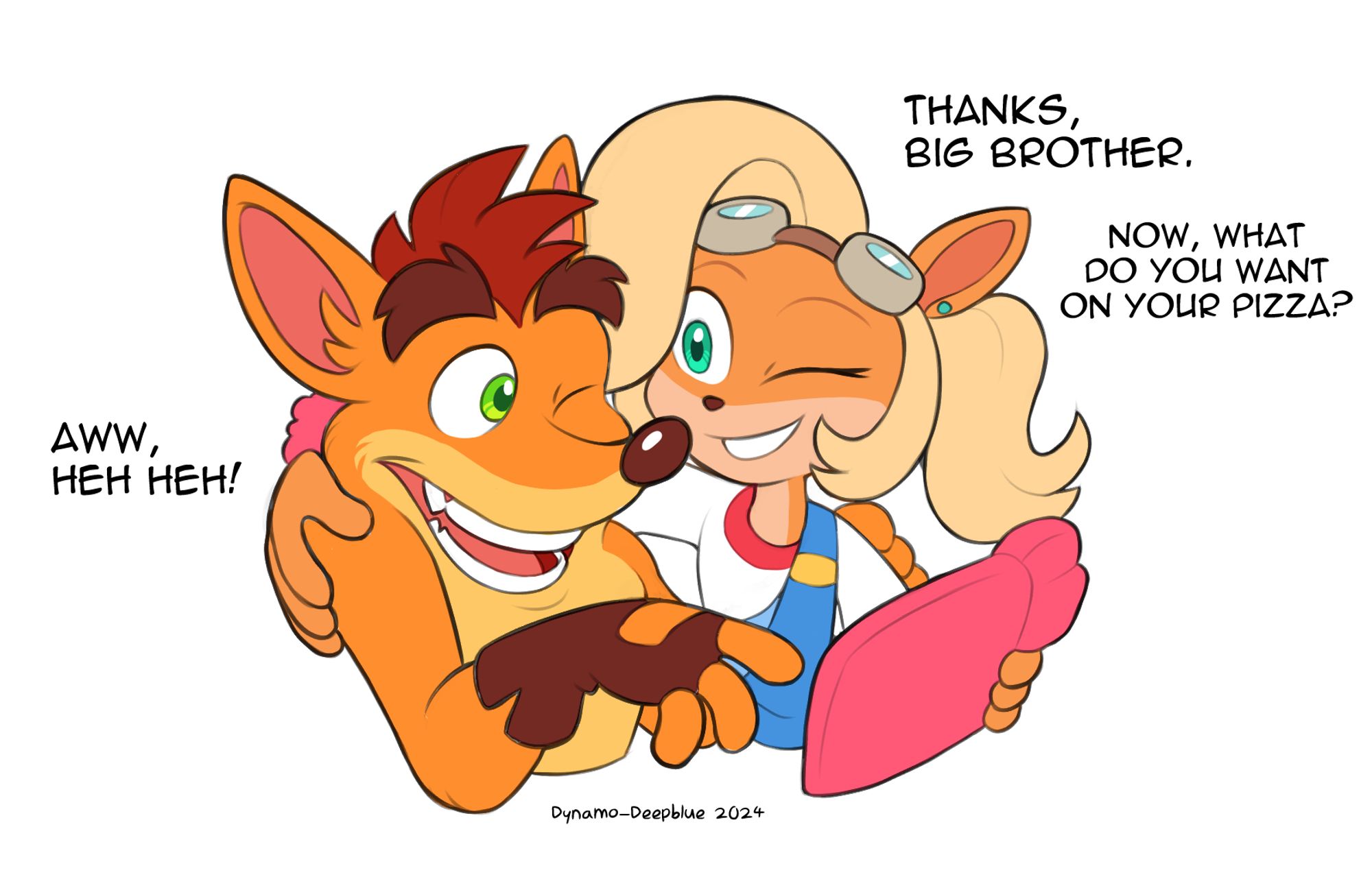 The last panel of a comic/sequence depicting Crash Bandicoot and Coco Bandicoot. Having fixed her tablet trouble, Coco winks and gives Crash a hug by putting an arm around his shoulder. Crash reacts by hugging back with a laugh and a big smile.

Character text:
Coco: Thanks, big brother! 
Crash: Aww, heh heh!
Coco: Now, what do you want on your pizza?