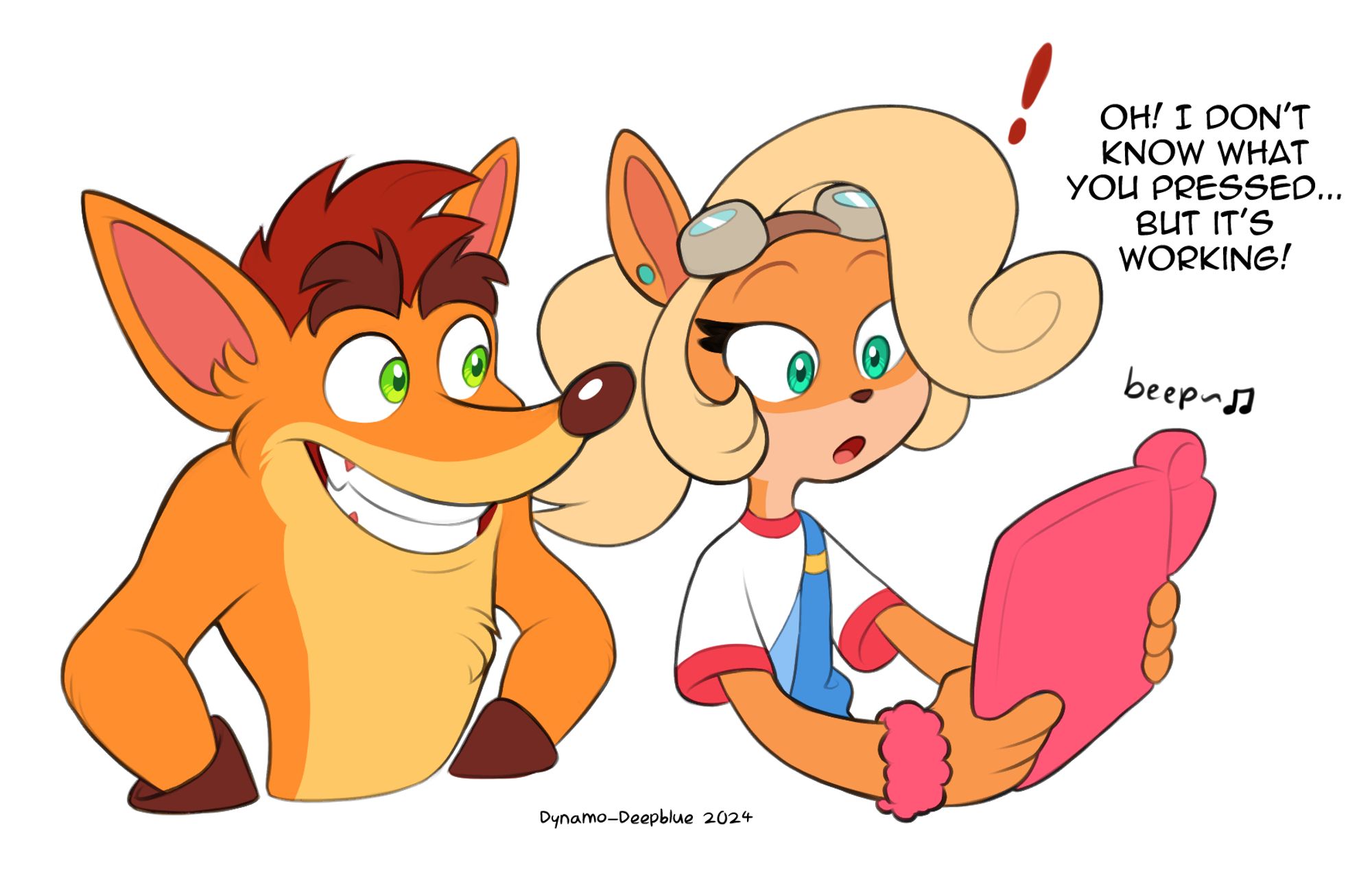 3rd panel of a comic/sequence depicting Crash Bandicoot and Coco Bandicoot. Coco reacts with surprise as whatever Crash pressed on the previous panel, seems to have fixed her issue. Crash has a big smile on his face and his arms akimbo, looking proud of himself for helping fix the issue and happy that Coco isn't frustrated anymore.

Character speech text:
Coco: Oh! I don't know what you pressed... but it's working!