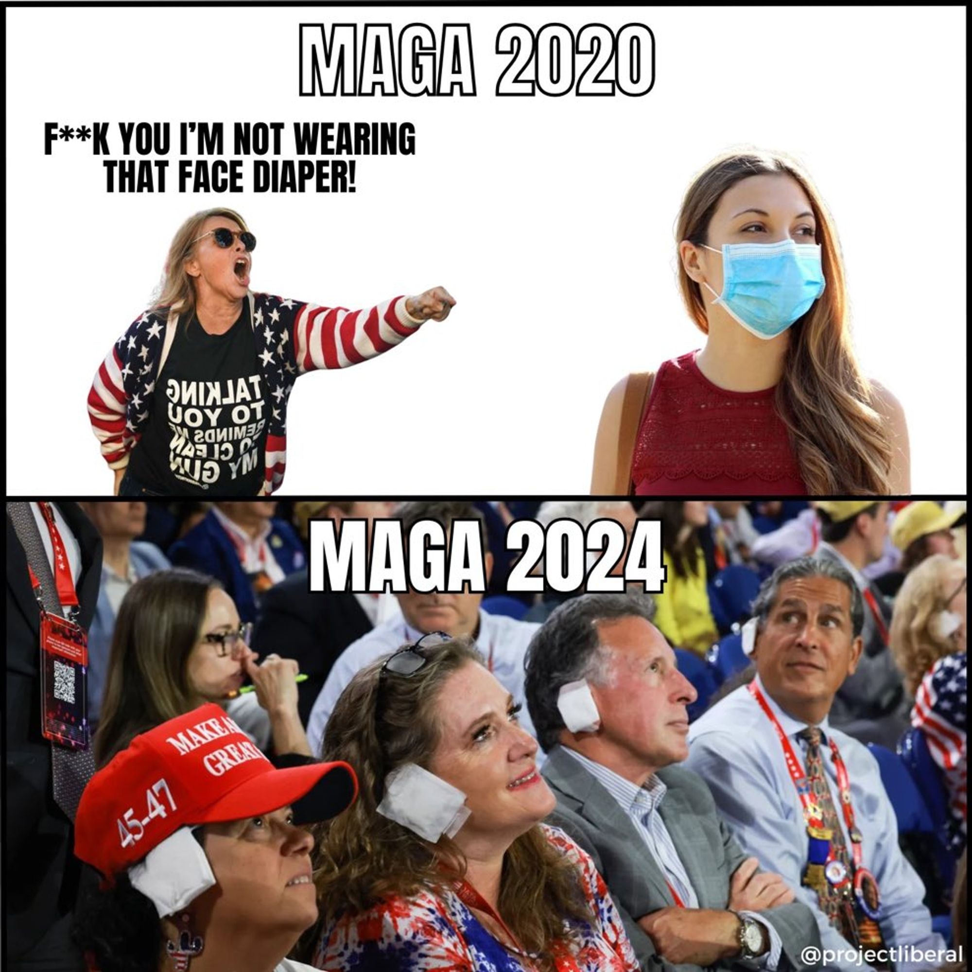 Foto boven: MAGA 2020
Trump supporter "F**k you I'm not wearing that face diaper!" tegen een vrouw met IIR mondneusmasker.
Foto onder: MAGA 2024
Rijtje Trump supporters op de Republikeinse Conventie, allen met een verband op hun rechter oor.