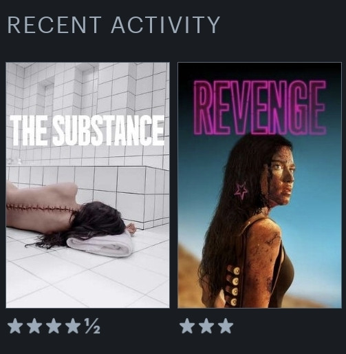 Print do meu Letterboxd mostrando os filmes A Substância, com a nota 4,5, e Vingança,  com a nota 3.