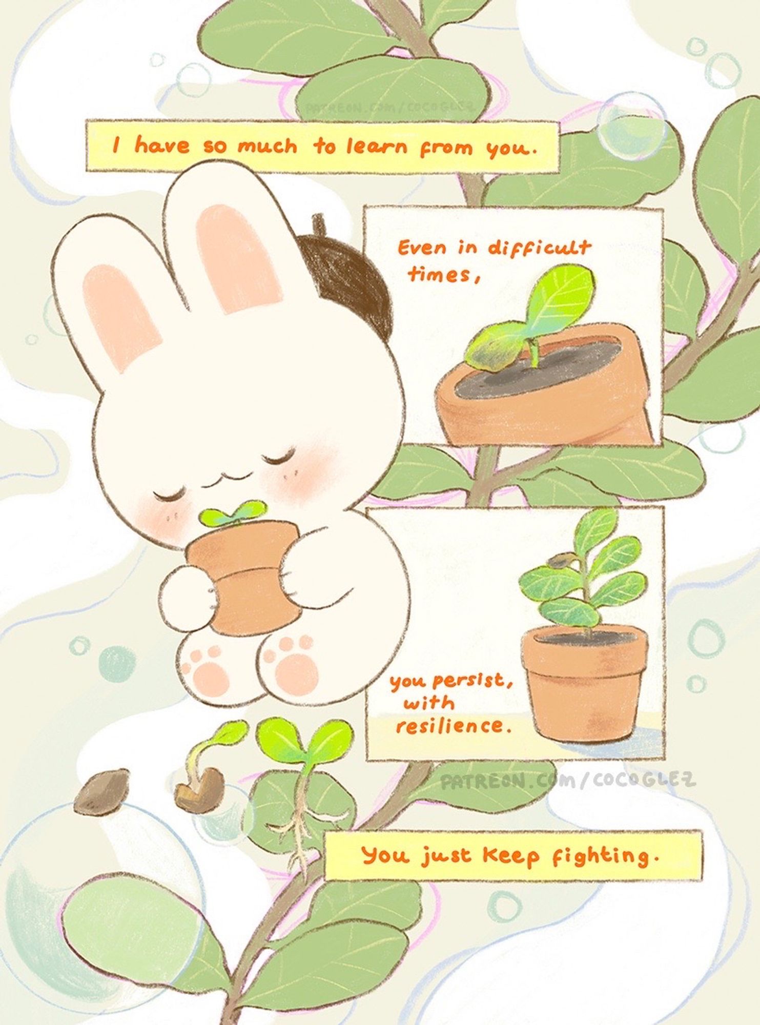 Small comic of a bunny holding a plant pot with a sprout. The dialogue says: “I have so much to learn from you. Even in difficult times, you persist with resilience. You just keep fighting”. The background features a very tall fiddle leaf plant.