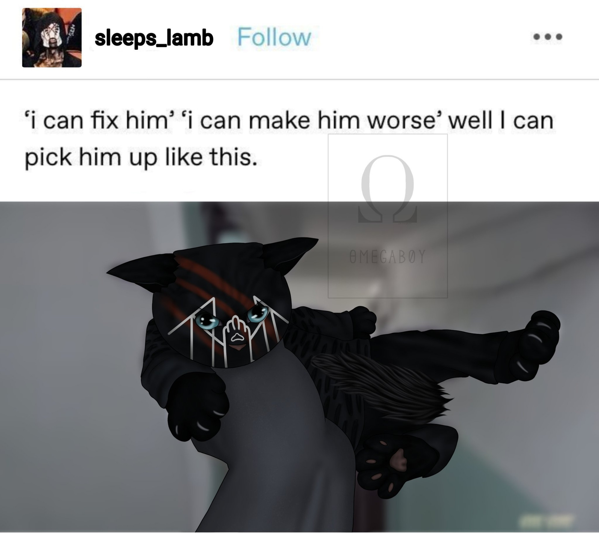 a digital redraw of a tumblr post, the account was edited to be vessel's, his username is "sleeps_lamb" and the caption is *'i can fix him' 'i can make him worse' wecanI can pick him up like this.*. the picture attached is vessel's hand painted dark grey holding ii as a black cat. ii is wearing his latest black mask with three red lines and the light grey logo, his nose is dark pink as his eyes are light blue. he's wearing a dark grey long sleeve shirt and black trousers, he has his nails out