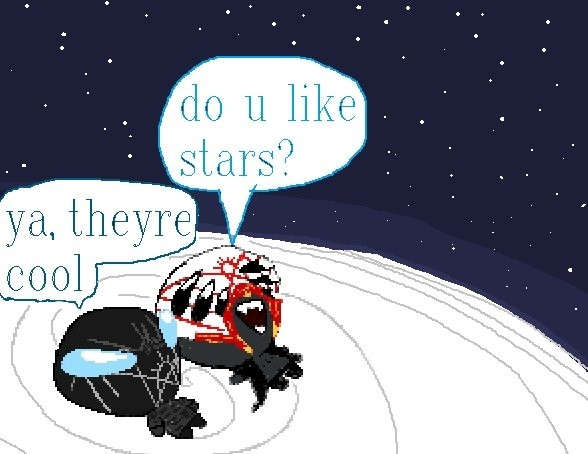 a digital redraw of a post by "little aliens forever" on twitter, in it there's ii and vessel laying on top of a white circular surface, vessel asks ii "do u like stars?" and ii answers "ya, theyre cool". vessel is wearing a black tunic (without the hood on), black trousers and his latest white and red mask with golden details. ii is wearing a grey long sleeve shirt, black trousers and his latest black mask, covering his whole head, the logo on his masks is very light grey and his eyes are very light blue. the background is the space, you can see a lot of stars