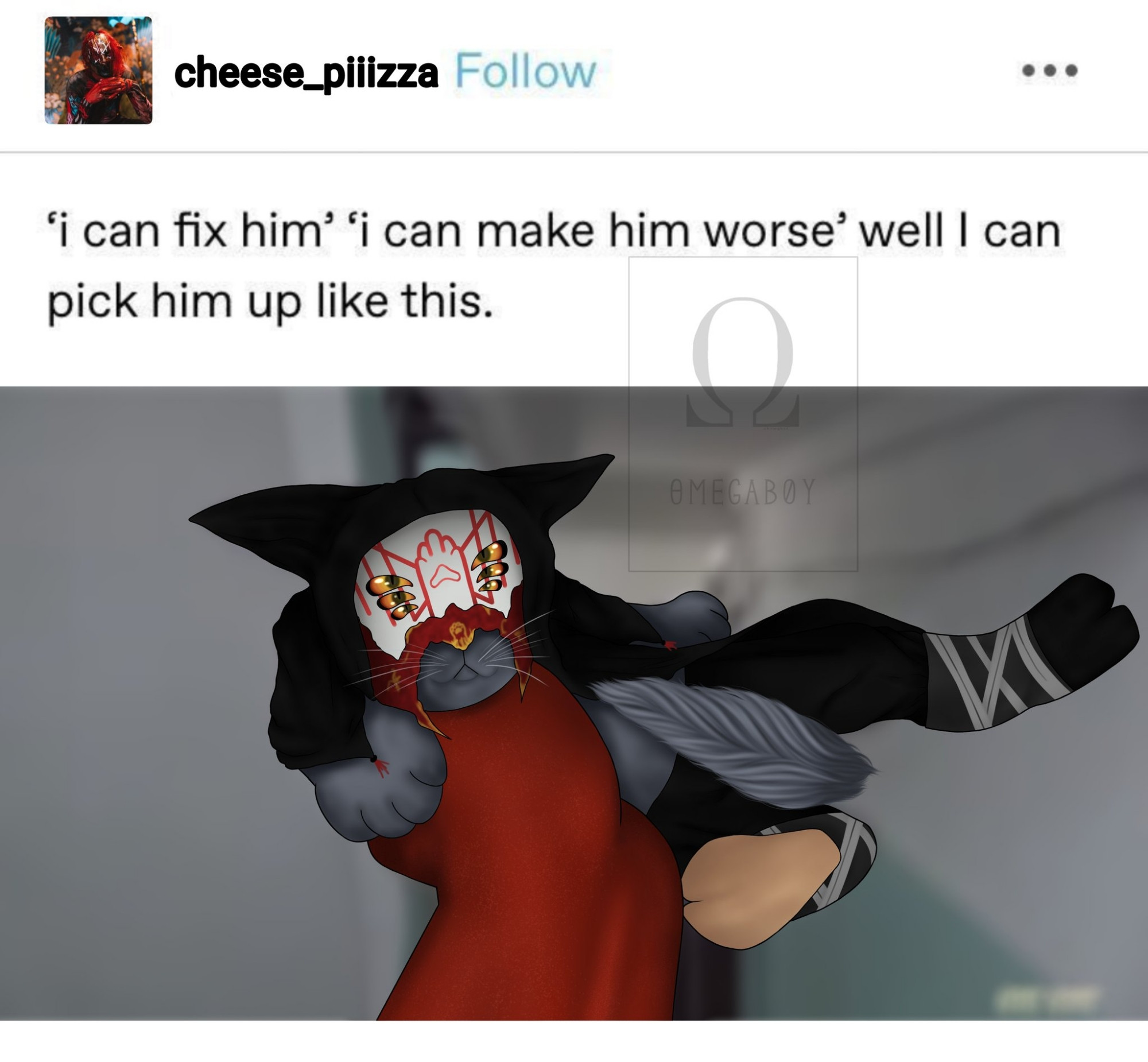 a digital redraw of a tumblr post, the account was edited to be iii's, his username is "cheese_piiizza" and the caption is *'i can fix him' 'i can make him worse' wecanI can pick him up like this.*. the picture attached to the post is iii's hand painted red holding vessel as a grey cat. vessel is wearing his latest white and red mask with golden details, black robes, black trousers and black tabi with beige-ish soles and dark grey ankle wraps with light grey details