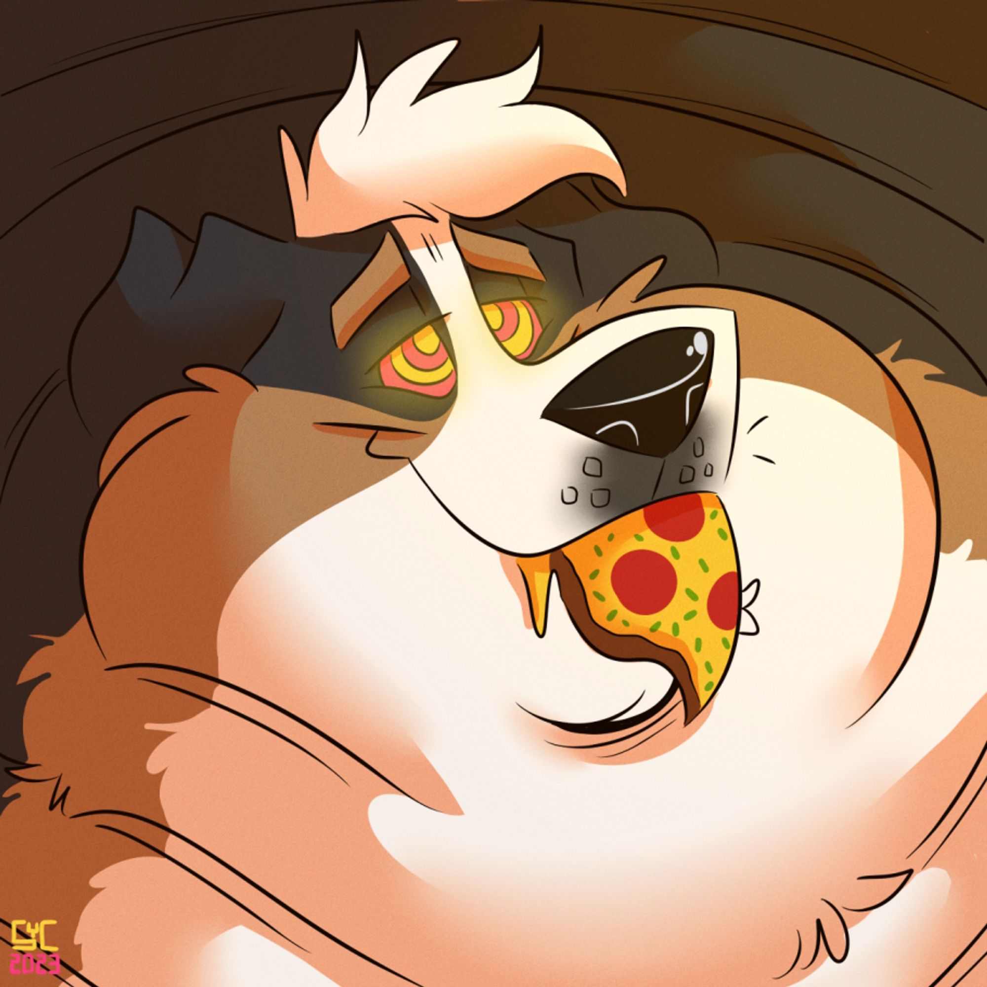 An icon showing the face of an anthropomorphic Bernese mountain dog, who has become so fat that he's a blob...presumably from being hypnotized into endlessly eating pizza, judging from his swirly eyes and the slice hanging out of his mouth.