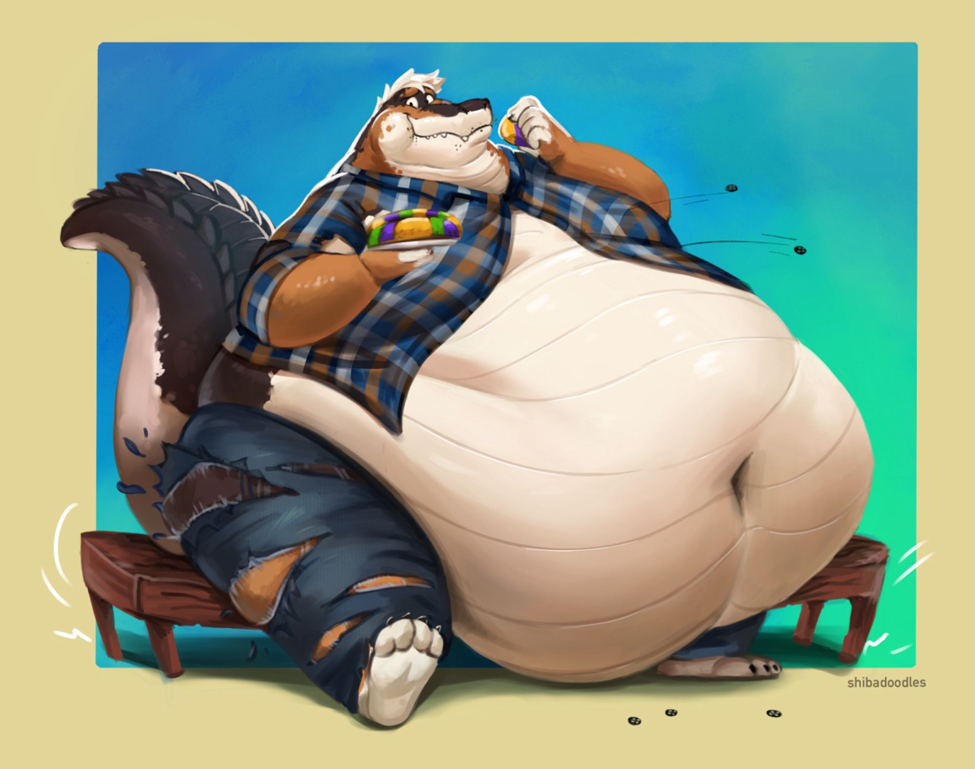 An extremely obese male anthropomorphic alligator takes up an entire bench while eating king cake while wearing a button-up shirt which has popped several buttons.