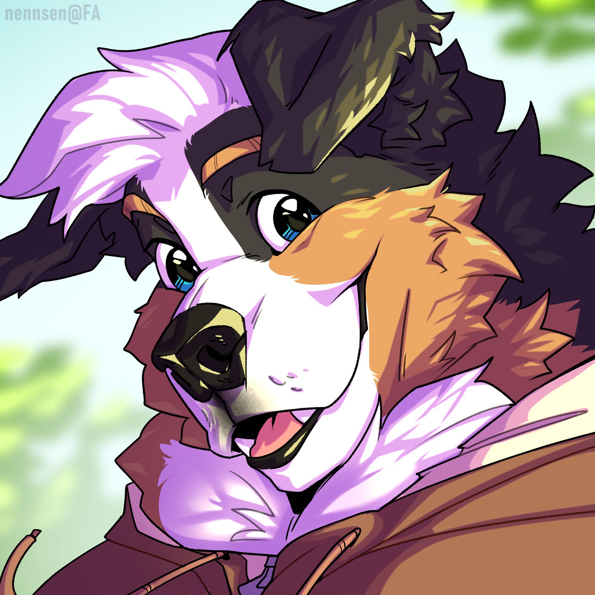 Profile picture showing a male anthropomorphic Bernese mountain dog wearing a brown hoodie smiling at the viewer