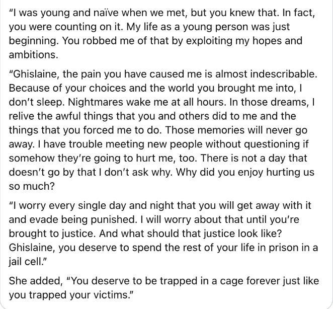 Virginia Guiffre statement to Maxwell read on the day of her sentencing.