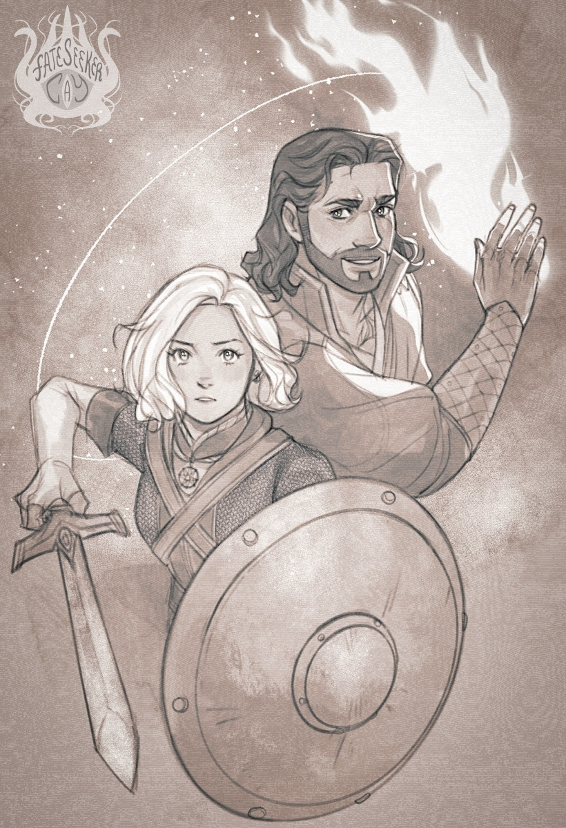 Shana Silverfire, wielding a sword and shield, and Gale Dekarios, ready to cast a fire spell.