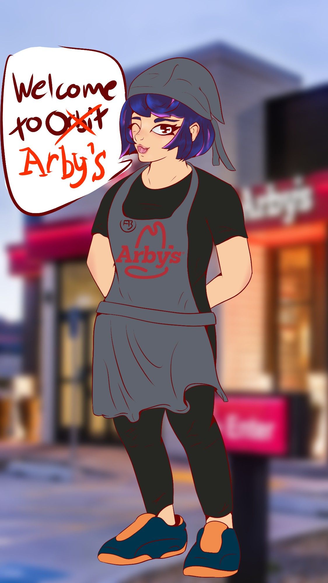 Digital drawing of Juno from the game "Overwatch 2" wearing an Arby's uniform, saying her ultimate voiceline "welcome to orbit" with the word "orbit" crossed out and replaced by the word "Arby's"