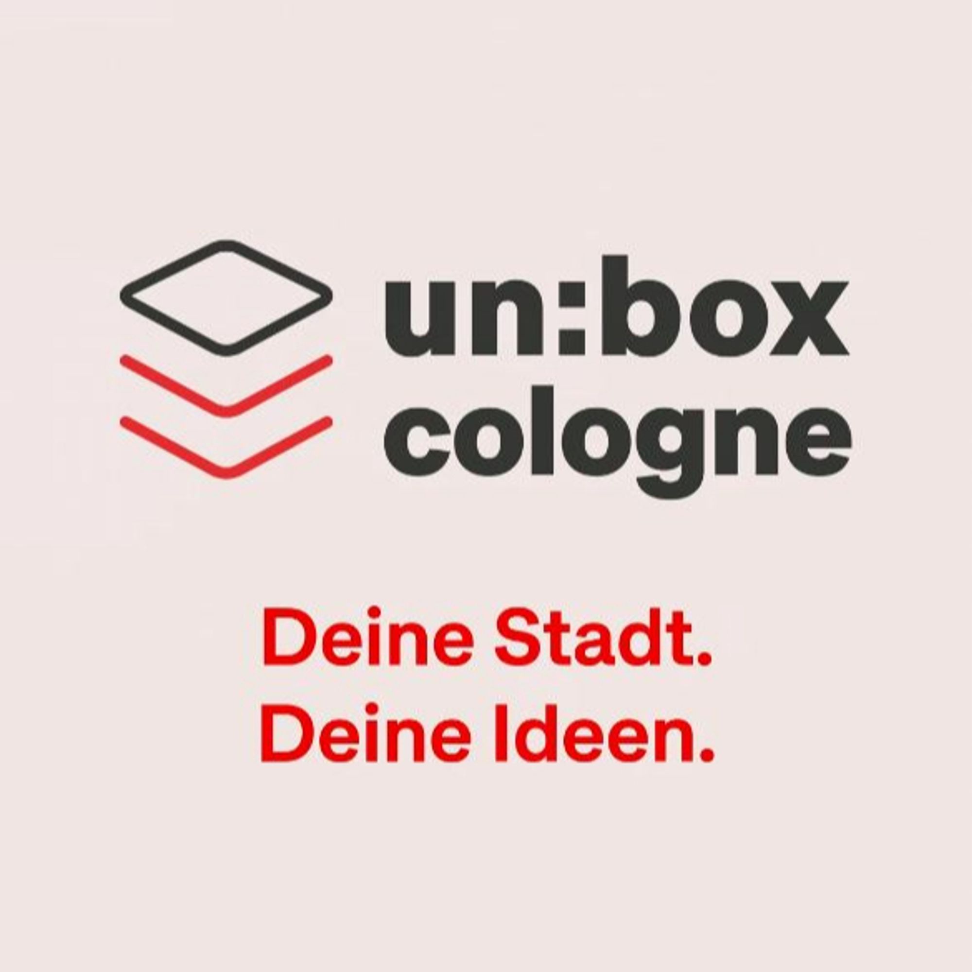 Auf dem Bild ist das Logo von unbox cologne zu sehen. Darunter steht: Deine Stadt. Deine Ideen.