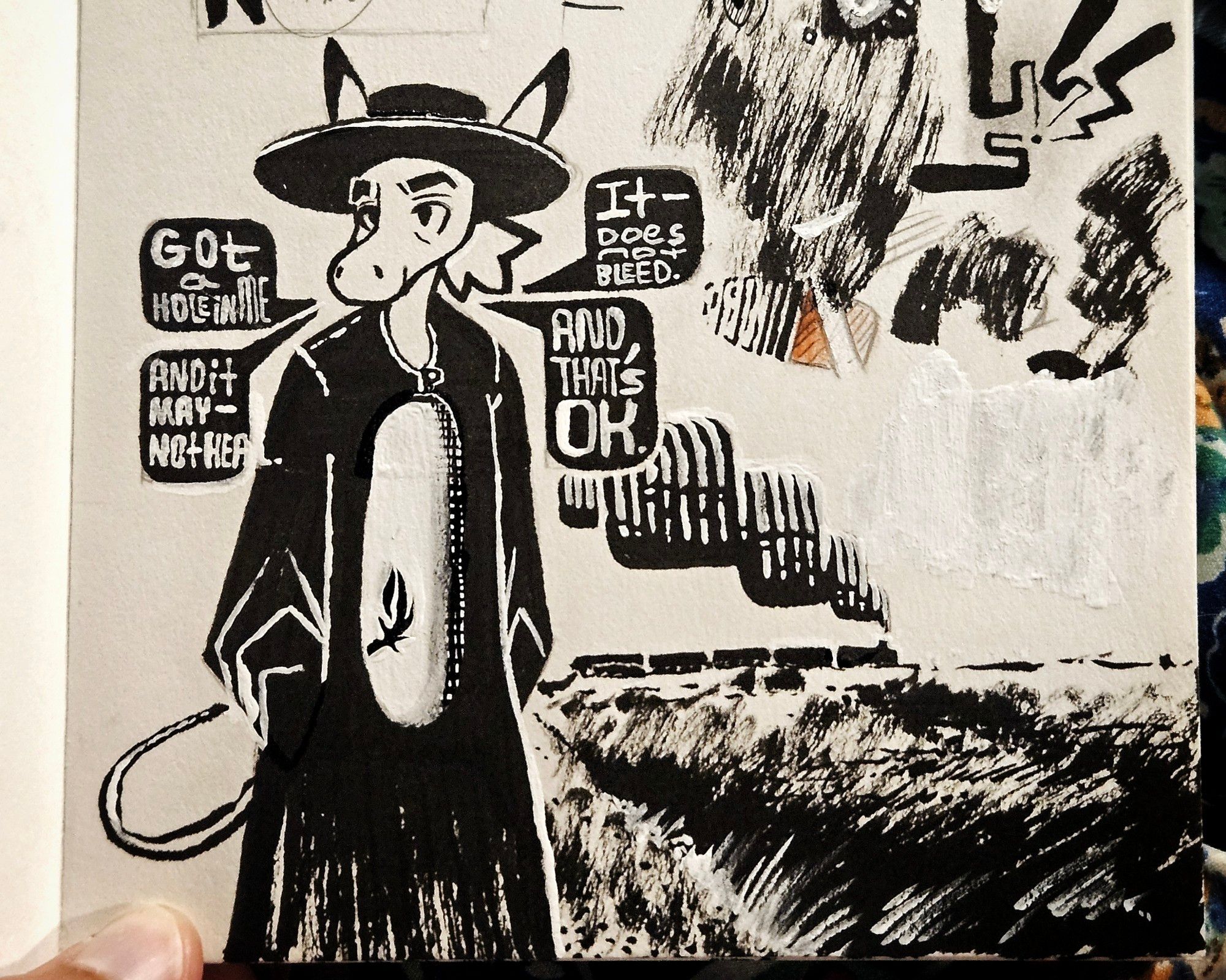 A sketchbook page with a black-robed donkey priest on a dirt road, next to a field. There's a train in the background. She has a hole through her (she's a hole-y priest). There are unrelated doodles in the upper right. Text bubbles read: "got a hole in me. It does not bleed. And it may not heal. And that's ok."