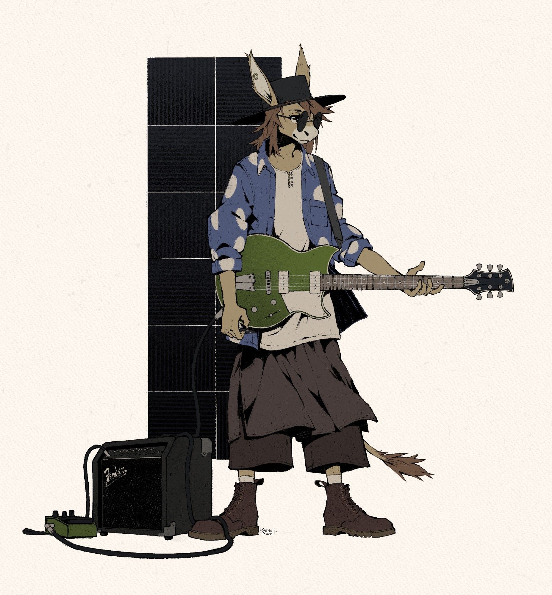 Anthropomorphic donkey in a wide brimmed hat, blue shirt, white blouse, and black dress leggings and sunglasses posing with a green guitar, juxtaposed against solid square elements)