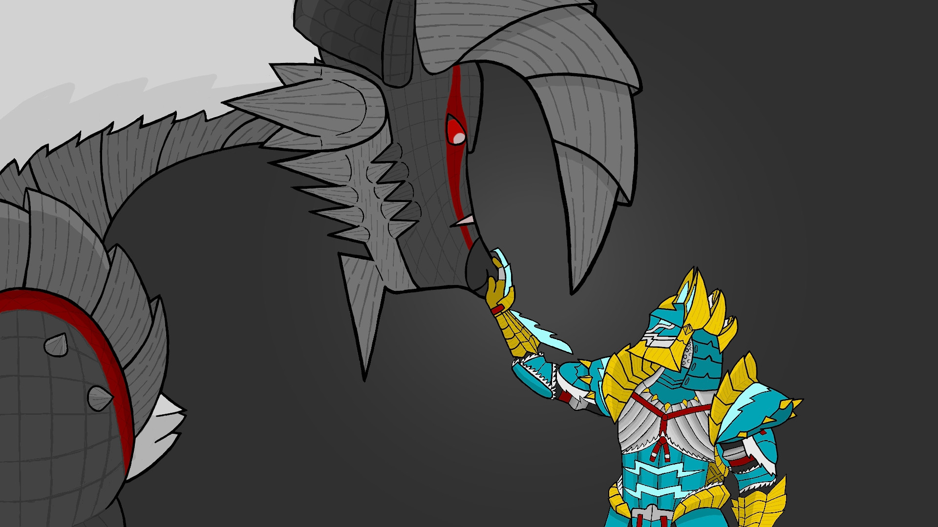 Big boi Stygian Zinogre being pet on the nose by a Zinogre-armor-wearing hunter