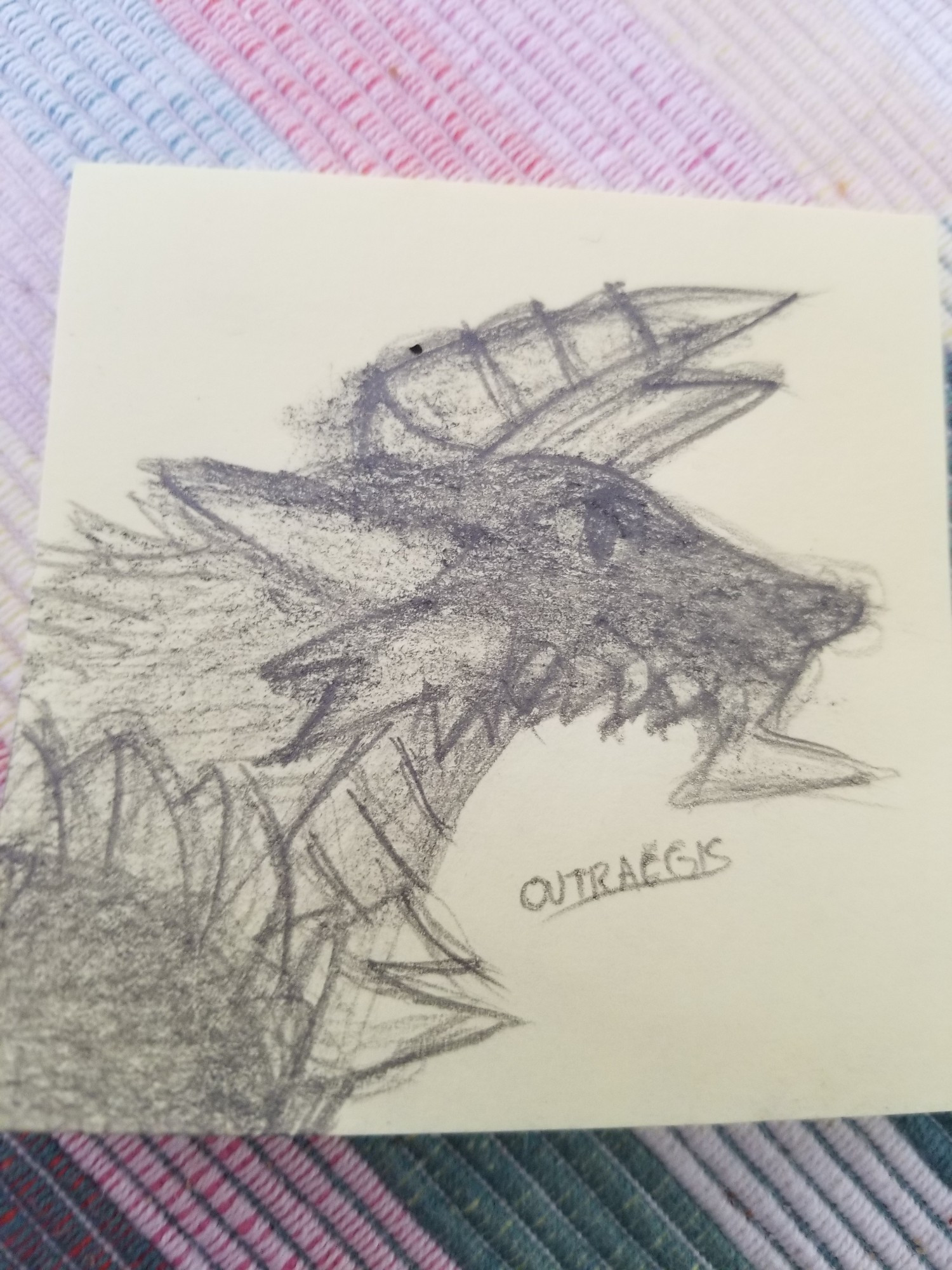 Rough pencil doodle of a Stygian Zinogre on a post-it note