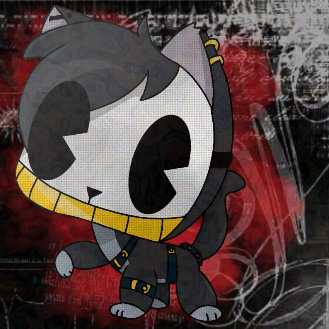 A drawing of a black cat in the style of old lps renders, he has black emo bangs, white inner ears, paws, and tummy, a white mask covers his face, the eyes are large black pie cut eyes and a large yellow smile takes up the bottom of it, he has several belts along his body and a spiked cuff around his tail, one of his ears has a black industrial piercing well the other has two yellow cuff piercings, his right ear has a chunk missing from it, the background is a 2010s style black and white intricate background with a red pattern behind X that looks like blood splatters