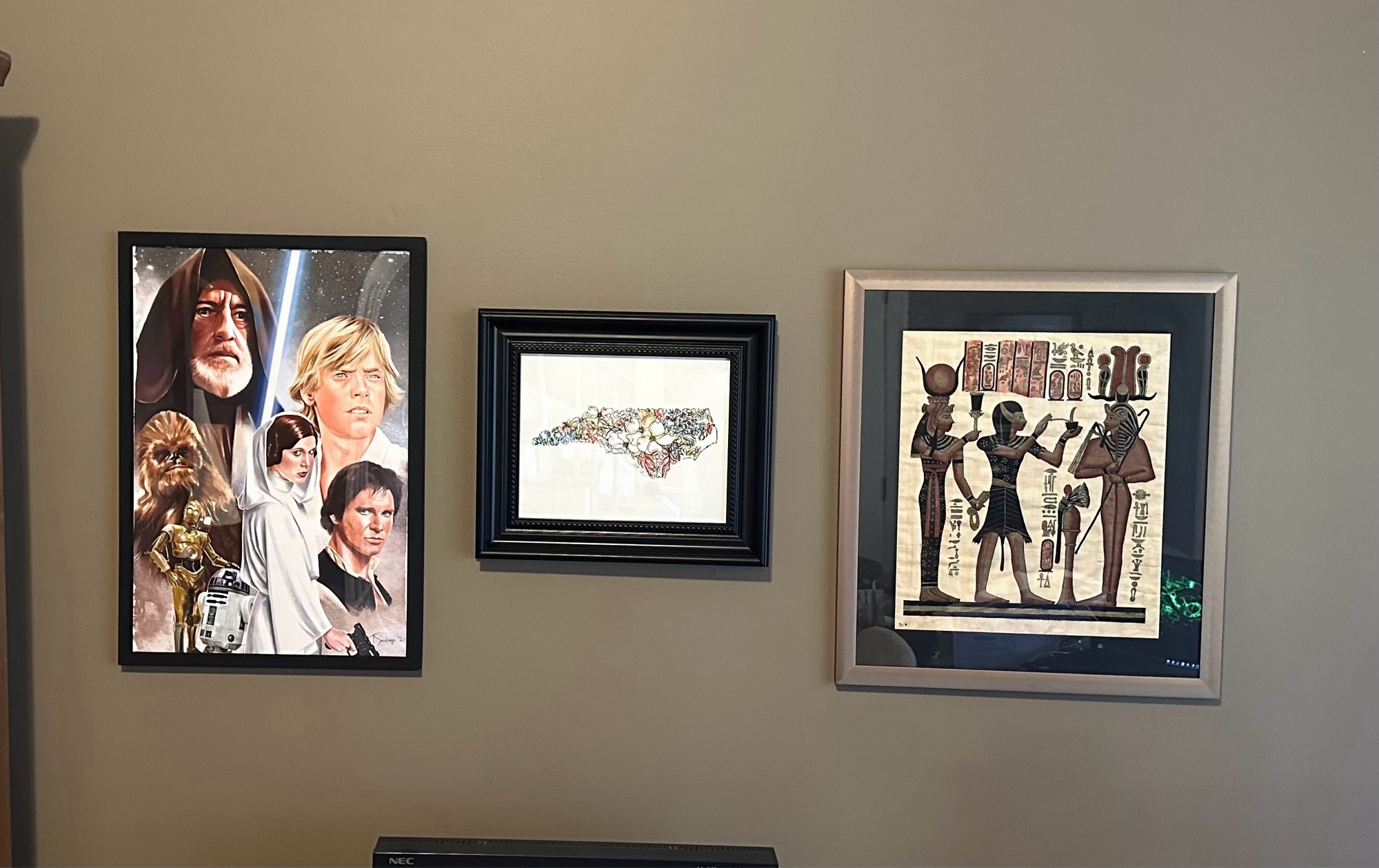 Star Wars poster, a framed print that shows North Carolina painted out of the state’s native flowers, and a print of Egyptian art that my parents bought for me 30 years ago.