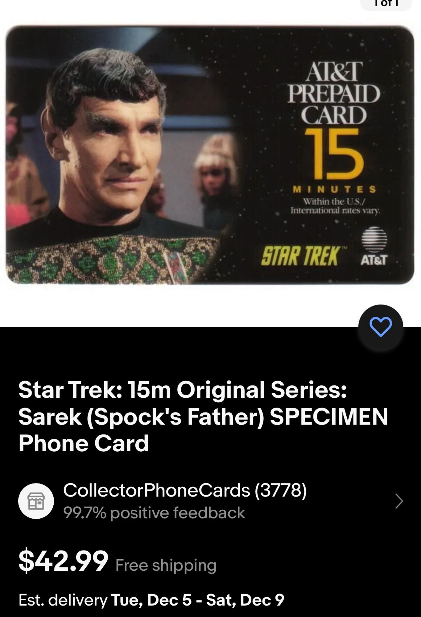 A Star Trek original series phone card with Mark Lenard as Sarek on it