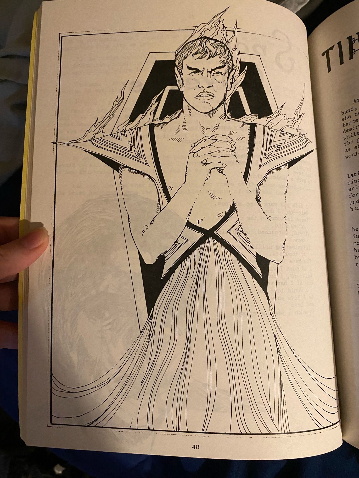 A drawing of Sarek (from Star Trek) in Vulcan wedding attire, hands clasped, appearing somewhat on fire but in an artsy way. his face has me thinking thoughts which are NOT in the Bible.