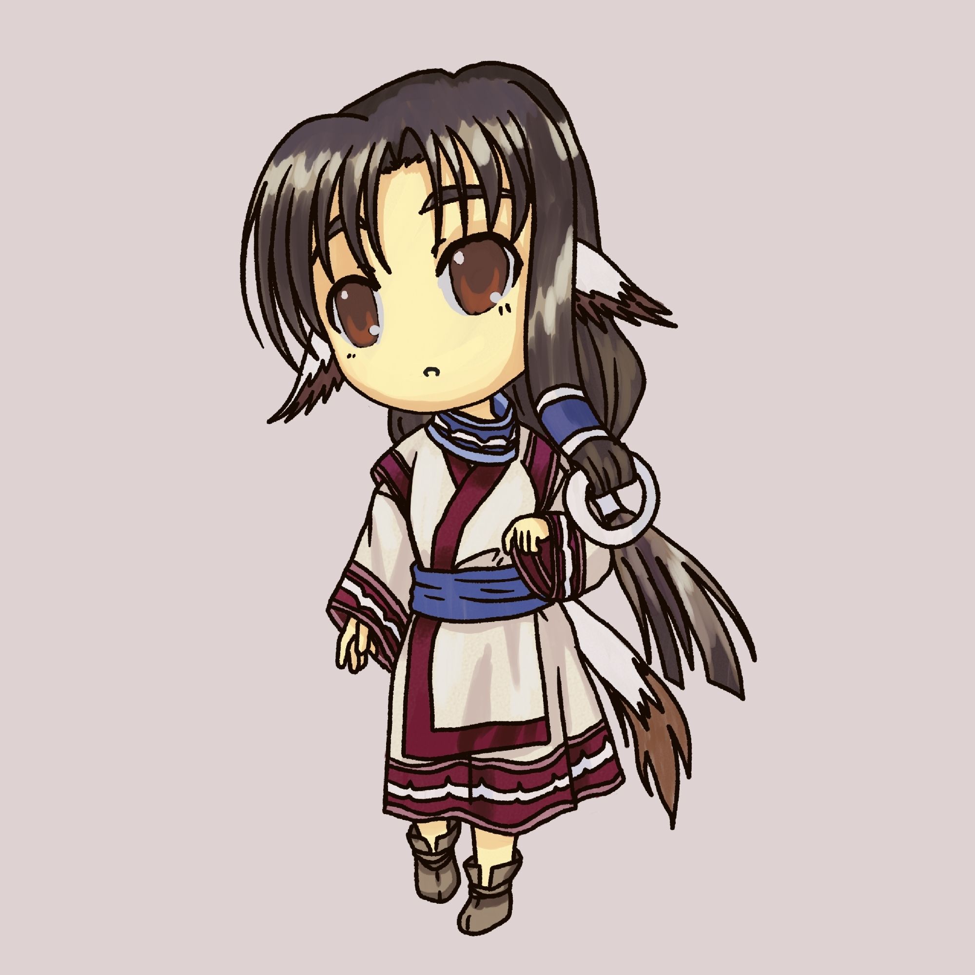 Digital chibi drawing of Eruruu from the game Utawarerumono. She's a demihuman with animal ears and a long fluffy tail. She has dark brown eyes and long hair that's tied in two places, one side of her hair wrapped around a white ring. She wears a white kimono with magenta and pink borders, a blue sash and white detailing, along with brown cloth shoes.