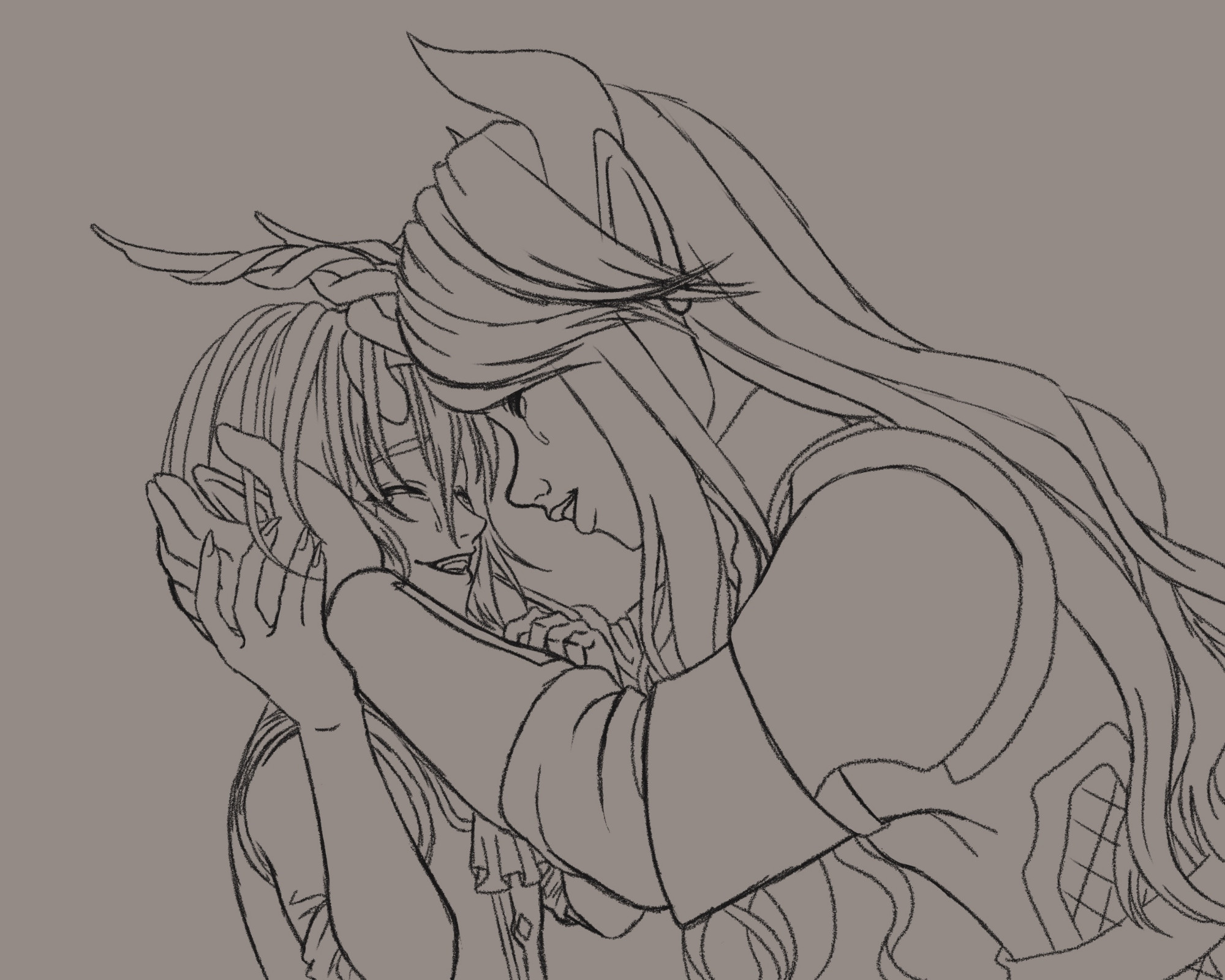 Work in progress black and white sketch of my OCs Vex and Eridan. Both are crying happy tears as Eridan holds Vex's face.