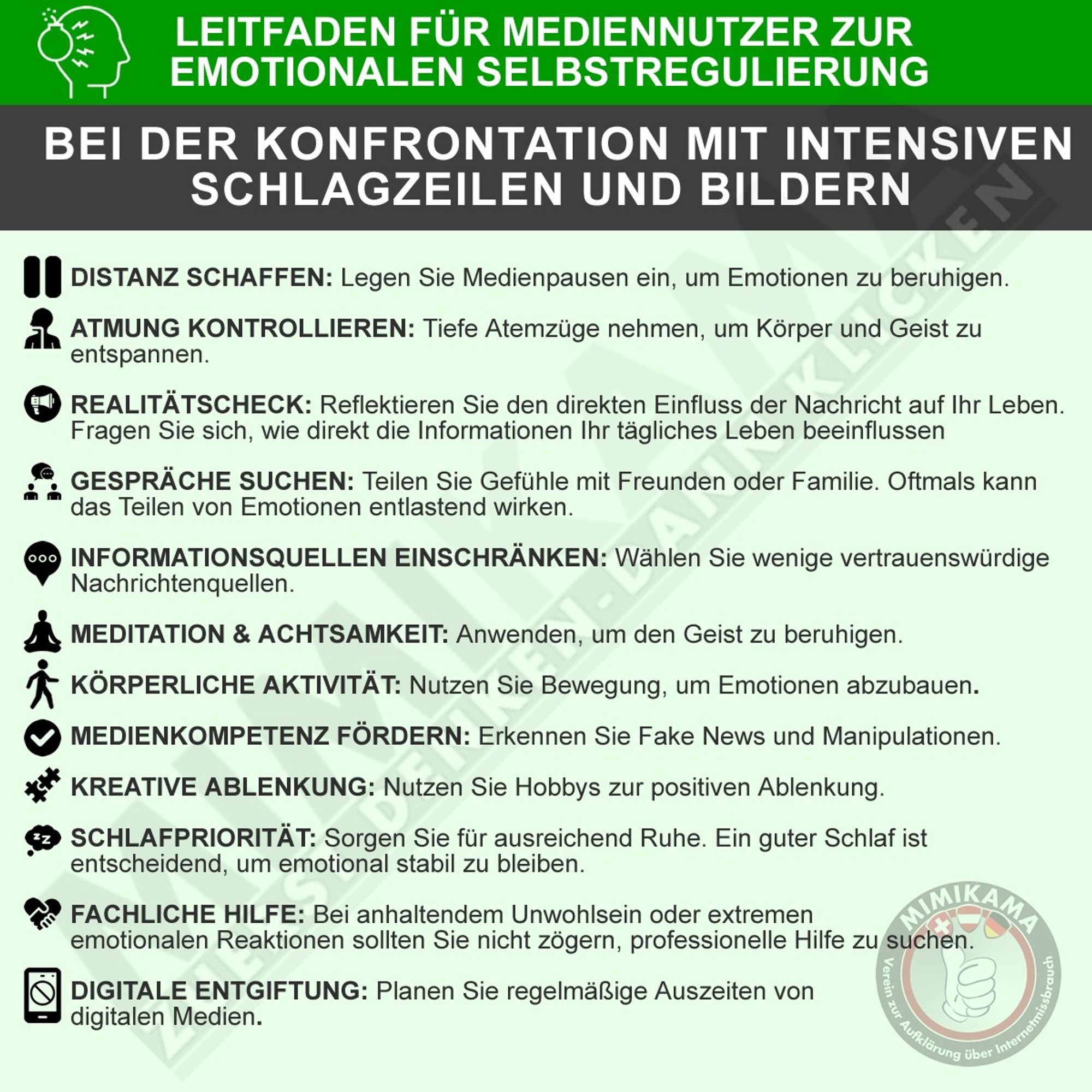 Das Bild zeigt einen Leitfaden für Medienkonsumenten zur emotionalen Selbstregulierung bei der Konfrontation mit intensiven Schlagzeilen und Bildern. Es listet verschiedene Strategien auf, wie "Distanz schaffen", "Atmung kontrollieren", "Realitätscheck" und mehr. Jede Strategie ist mit einem passenden Symbol illustriert.