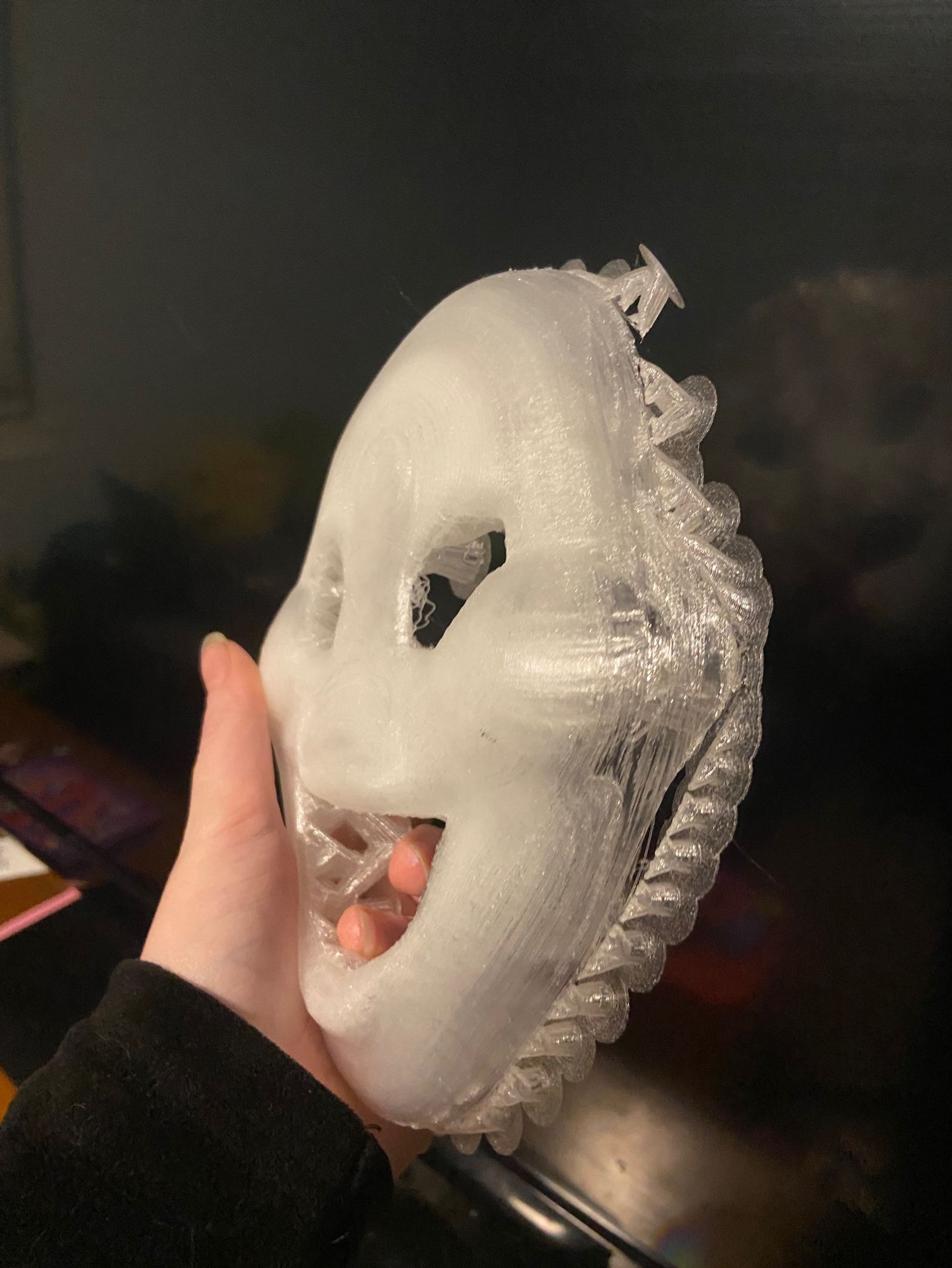 3D Printed Mask, unpainted with supports still on.