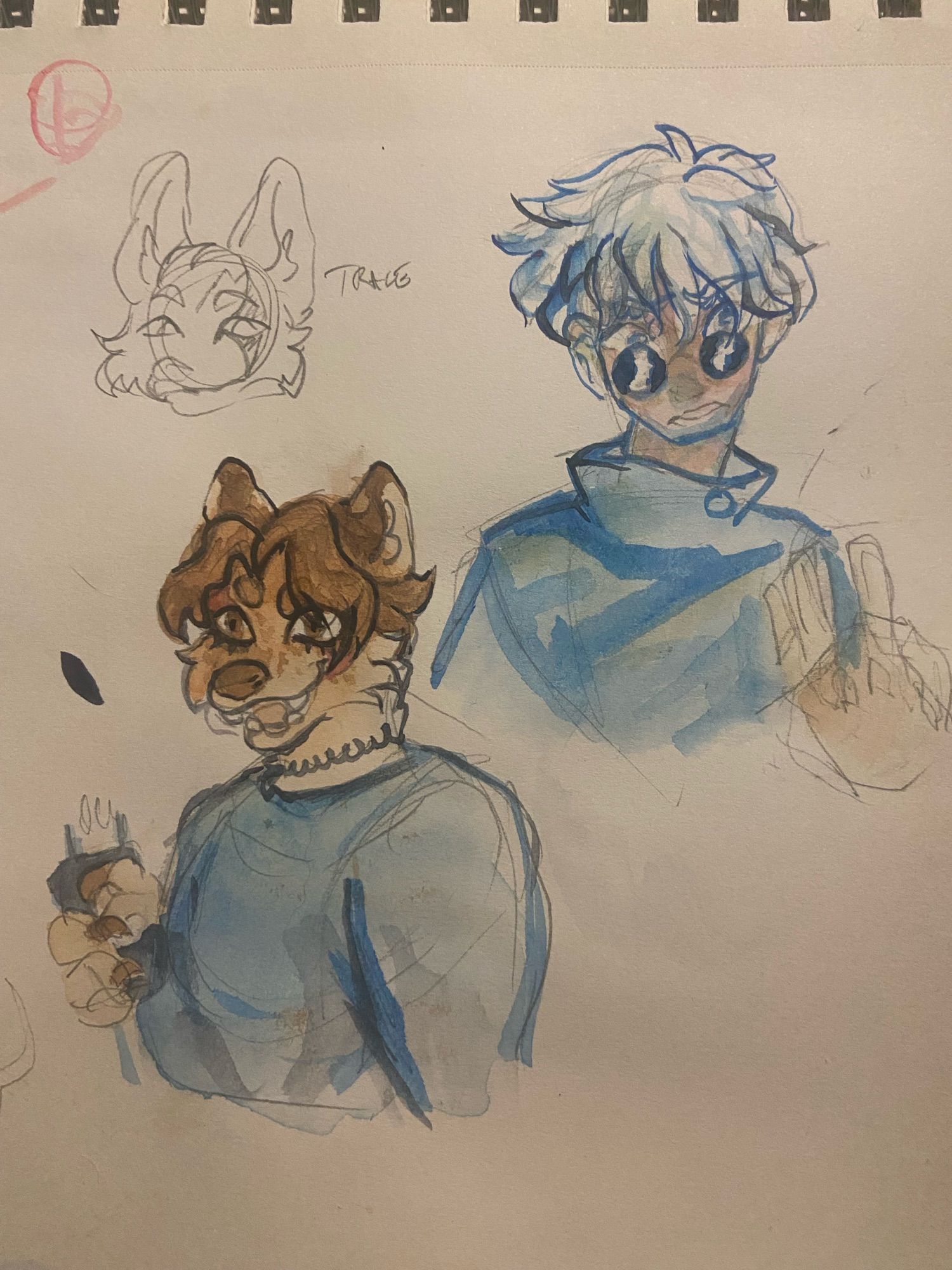 two watercolor drawings, one of Satoru Gojo with his hand extended to kill, and the other of my hyena fursona ready to shave you