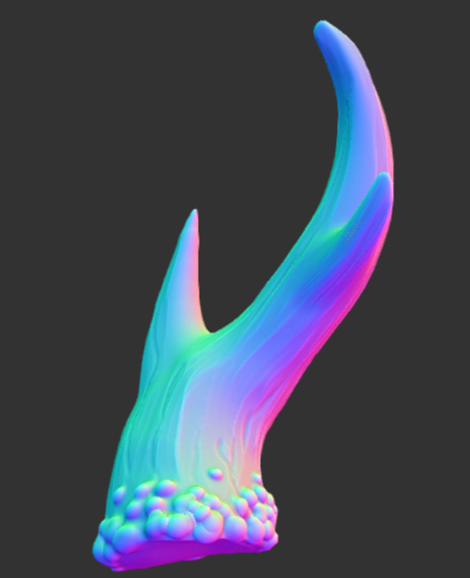 3D model of a small deer antler, with many colors illuminating it from different angles.