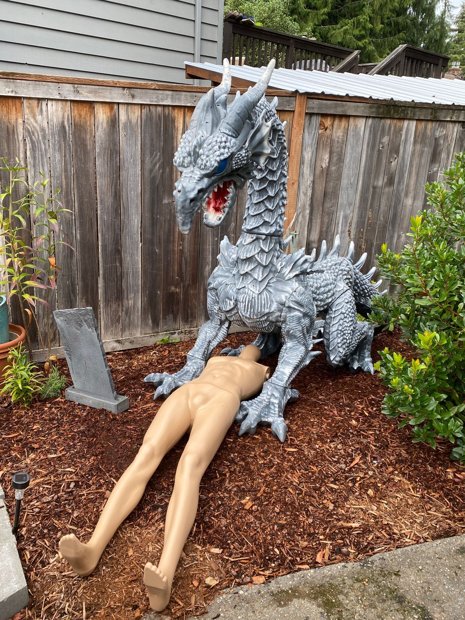 Grey dragon crouched over a headless mannequin on bark-covered path. There is a “gravestone” to the left, and a strawberry tree on the right.