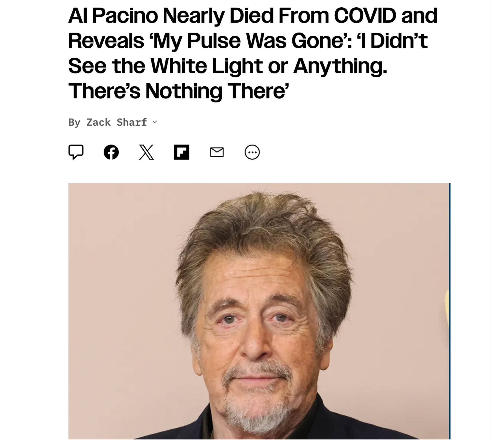 A smirking Al Pacino, an elder white actor, beneath a Variety headline reading "Al Pacino Nearly Died From COVID and Reveals ‘My Pulse Was Gone’: ‘I Didn’t See the White Light or Anything. There’s Nothing There’"