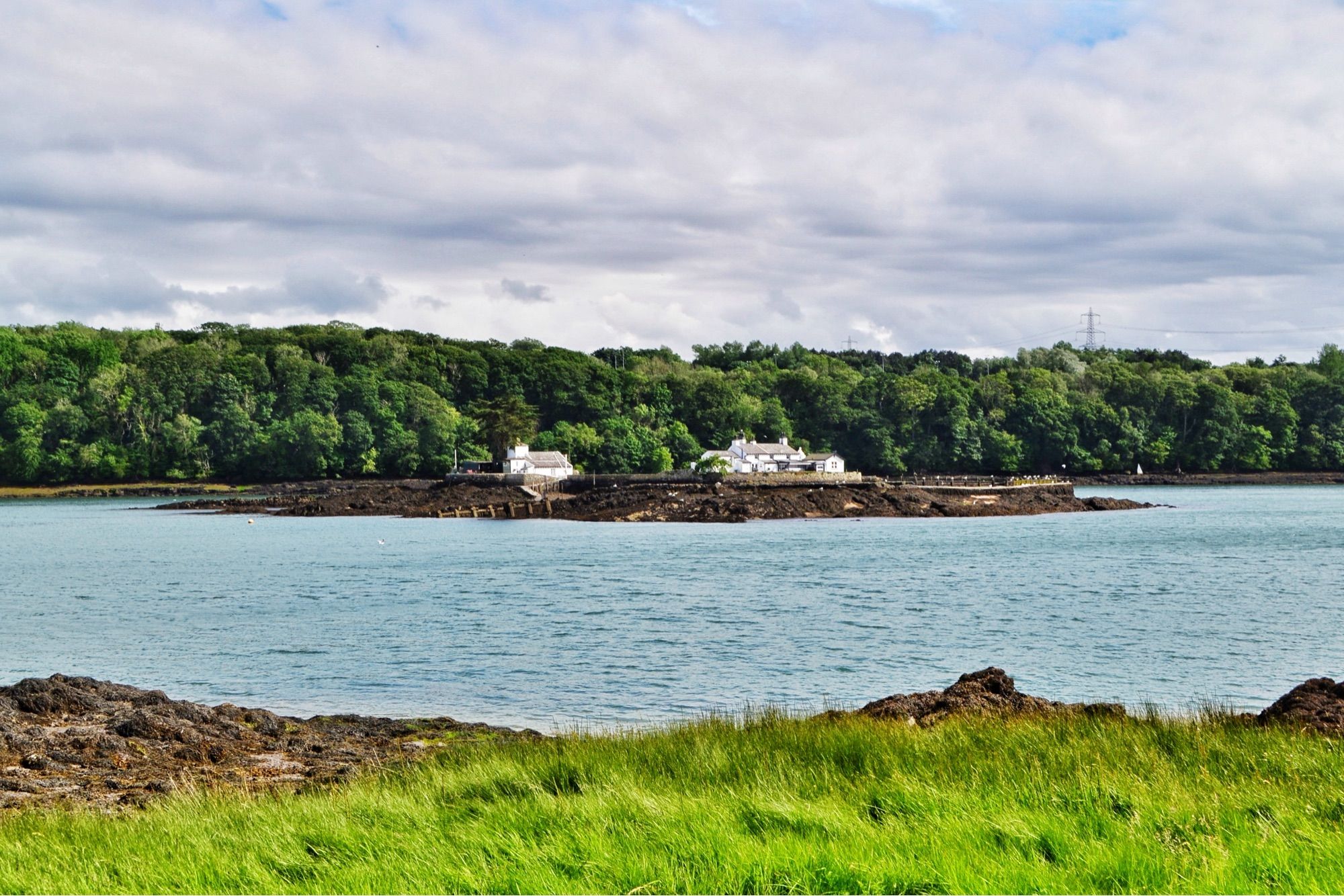 Two white small houses on a rocky island in the middle of a narrow body of water taken from a grassy bank with a thick tree line on the other bank. The houses are surrounded by a small stonewall and a jetty is just visible from the left house into the water. 

This is Ynys Gored Goch (Red Weir island) on the Menai strait taken from the Anglesey side. The sea is mostly calm and quite low when the picture was taken, and I think at the time I was the only person on the coastal path.

Taken June 2024.