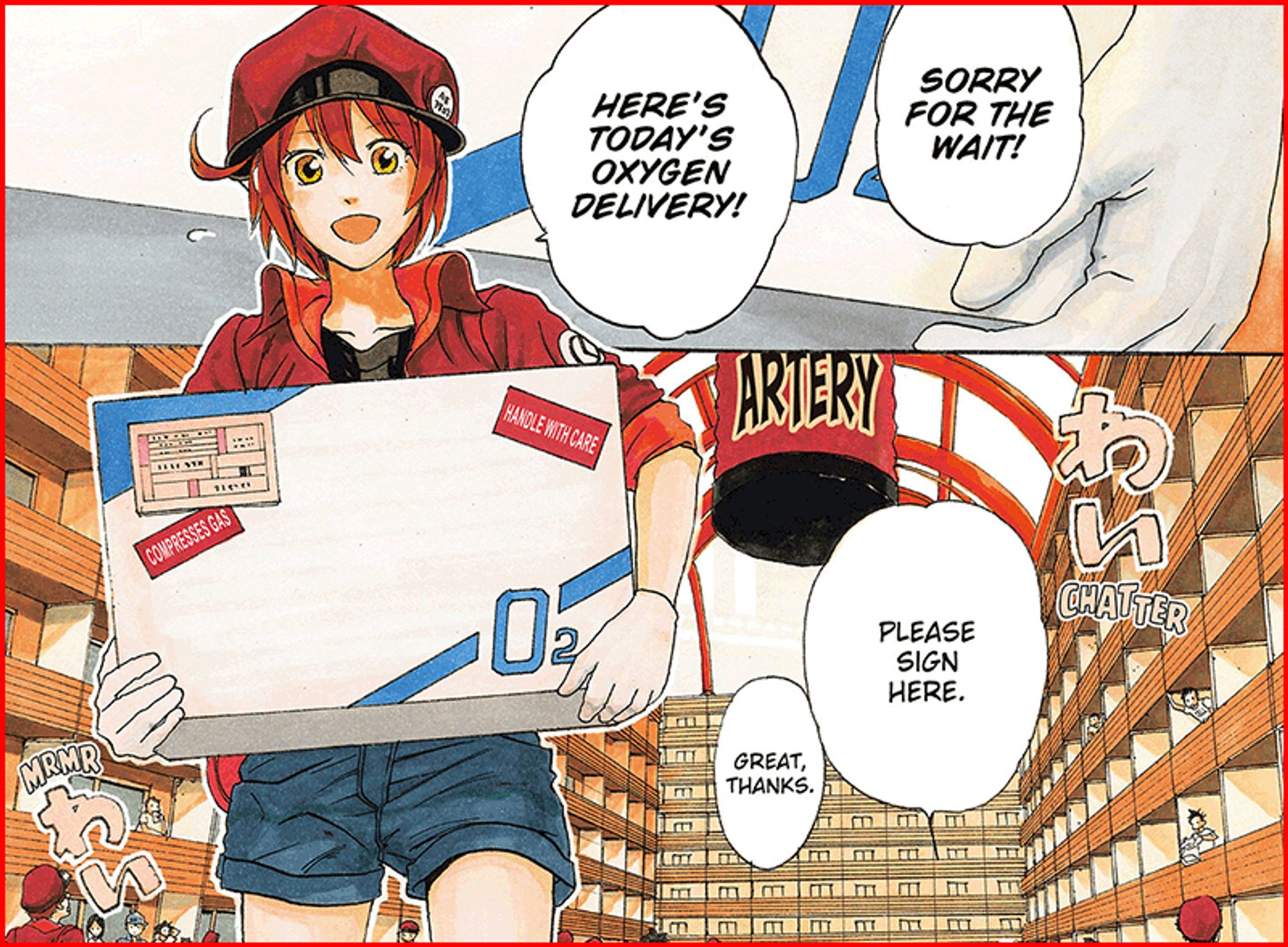 A manga panel with a women as a red cell wearing a red jacket and blue shorts and red hat with red hair carrying a white box with an O2 label and speech bubbles saying @heres your oxygen delivery” “please sign here”