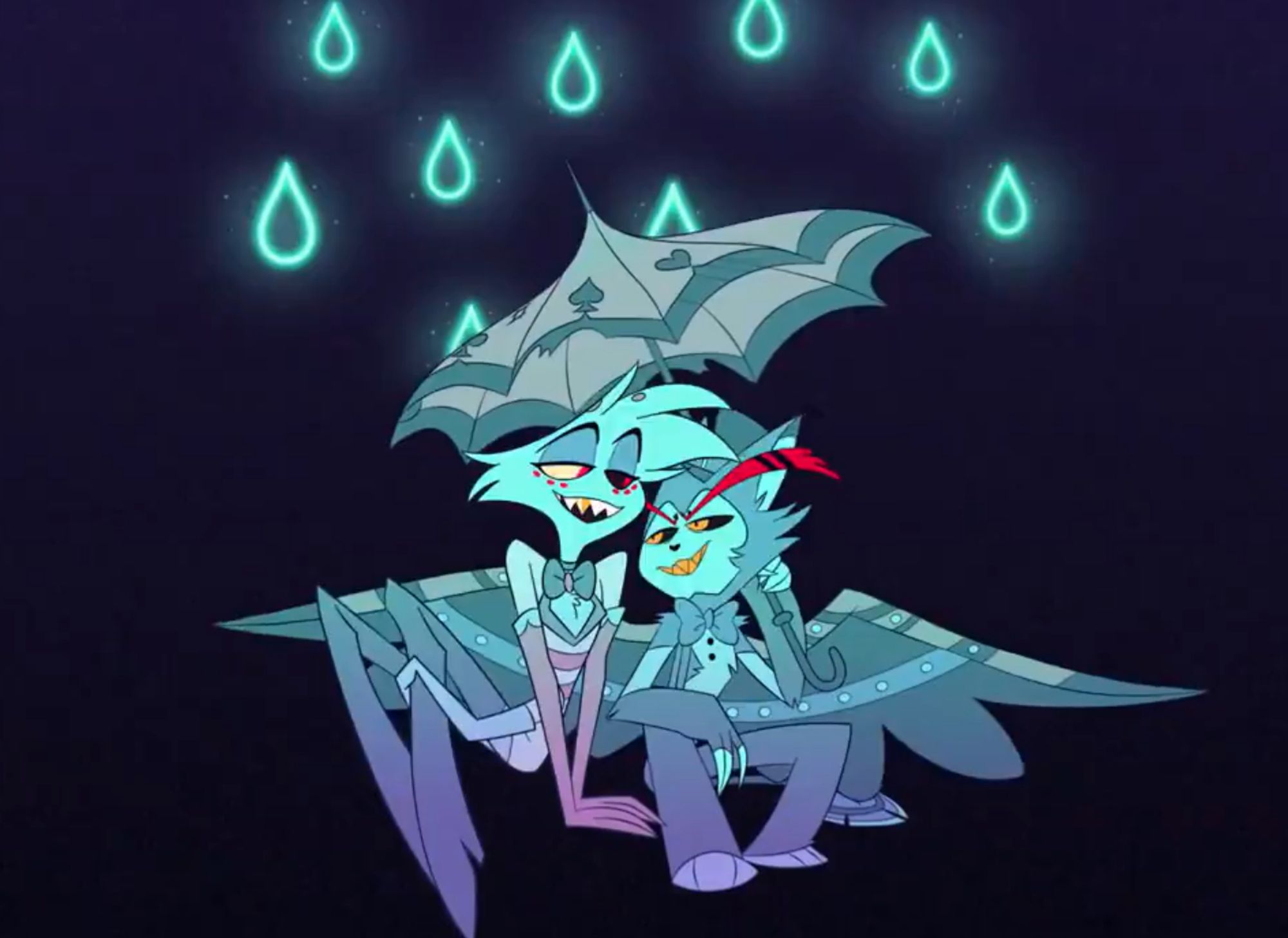 Picture of the Characters Angel Dust and Husk from Hazbin Hotel sitting together under an umbrella gazing into eachothers eyes romantically.