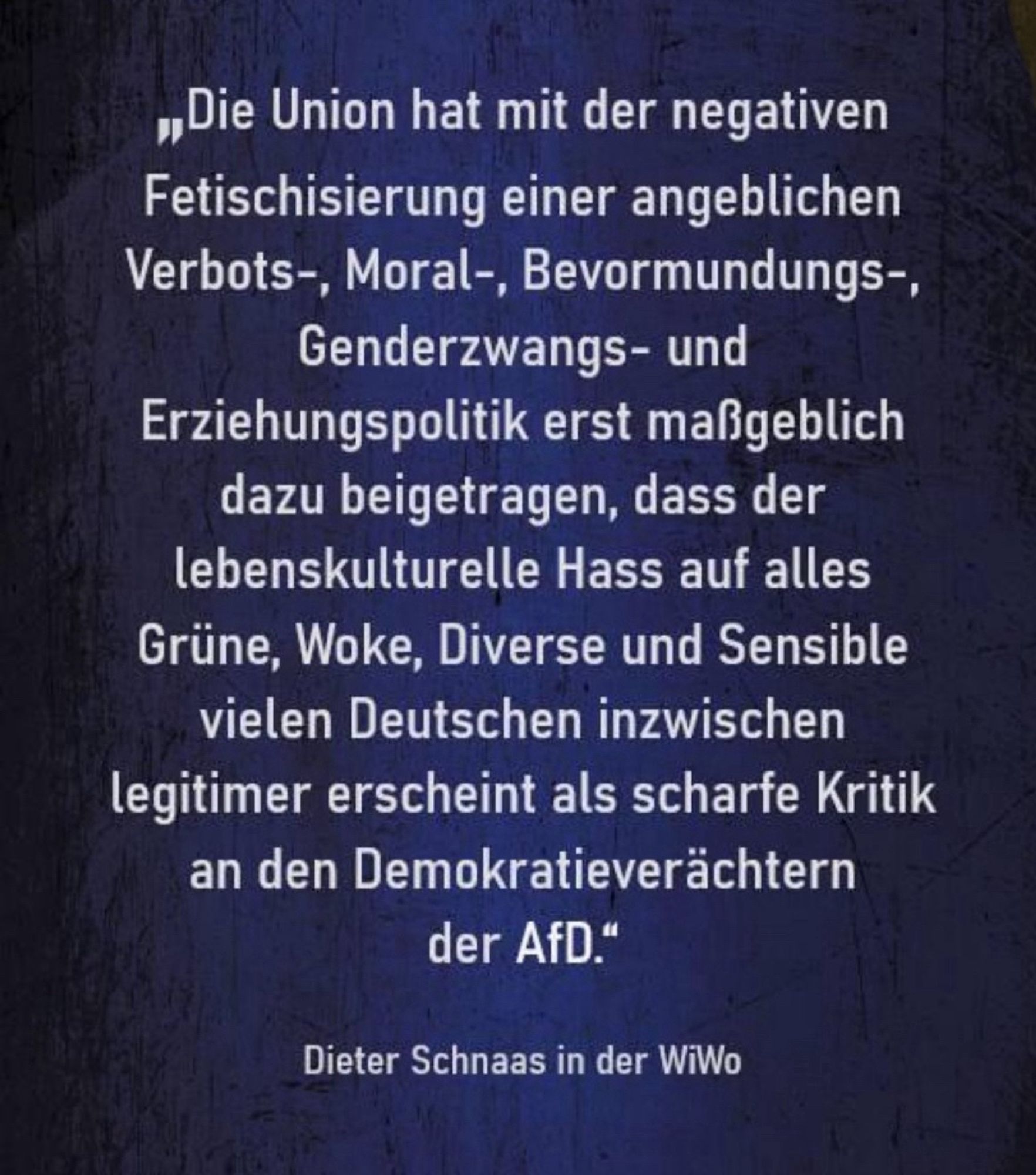 „Die Union hat mit der negativen Fetischisierung einer angeblichen Verbots-, Moral-, Bevormundungs-, Genderzwangs- und Erziehungspolitik erst maßgeblich dazu beigetragen, dass der lebens­kulturelle Hass auf alles Grüne, Woke, Diverse und Sensible vielen Deutschen inzwischen legitimer erscheint als scharfe Kritik an den Demokratieverächtern der AfD.“

Dieter Schnaas in der WiWo