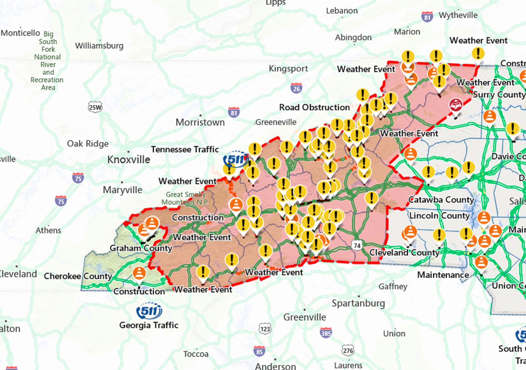 A map of North Carolina with nearly the entire state covered in yellow exclamation marks indicating either road closures, destroyed bridges, or traffic hazards. In some areas, entire small towns have been washed away completely.