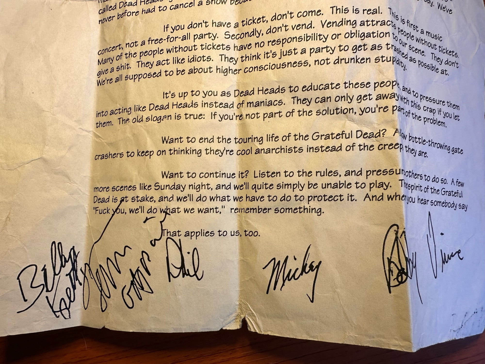 letter was signed by the band