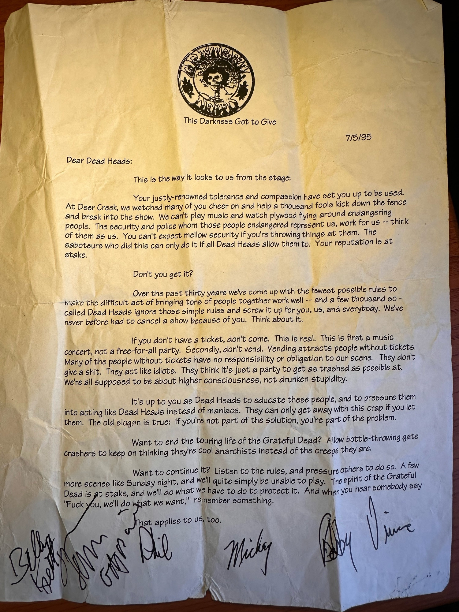 a letter from the dead to fans in ‘95